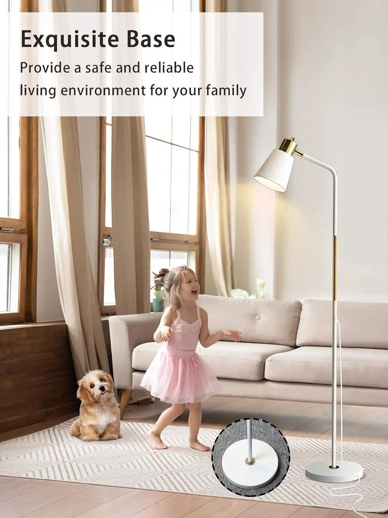 Alt view image 6 of 7 - Floor Lamp, Industrial Floor Lamps for Living Rooms Rustic Farmhouse Reading Standing Floor Lamp Adjustable Metal Heads Indoor Task Lighting for Living Room Bedroom Office Home Décor (White)