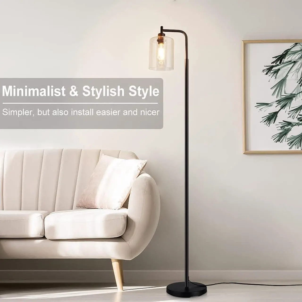 Alt view image 7 of 7 - Depuley Black Floor Lamp, Industrial LED Floor Lamps with Hanging Glass Shade, Farmhouse Standing Lamp Modern Tall Pole Lighting for Living Room, Bedroom, Office, Study Room, E26 Bulb Included