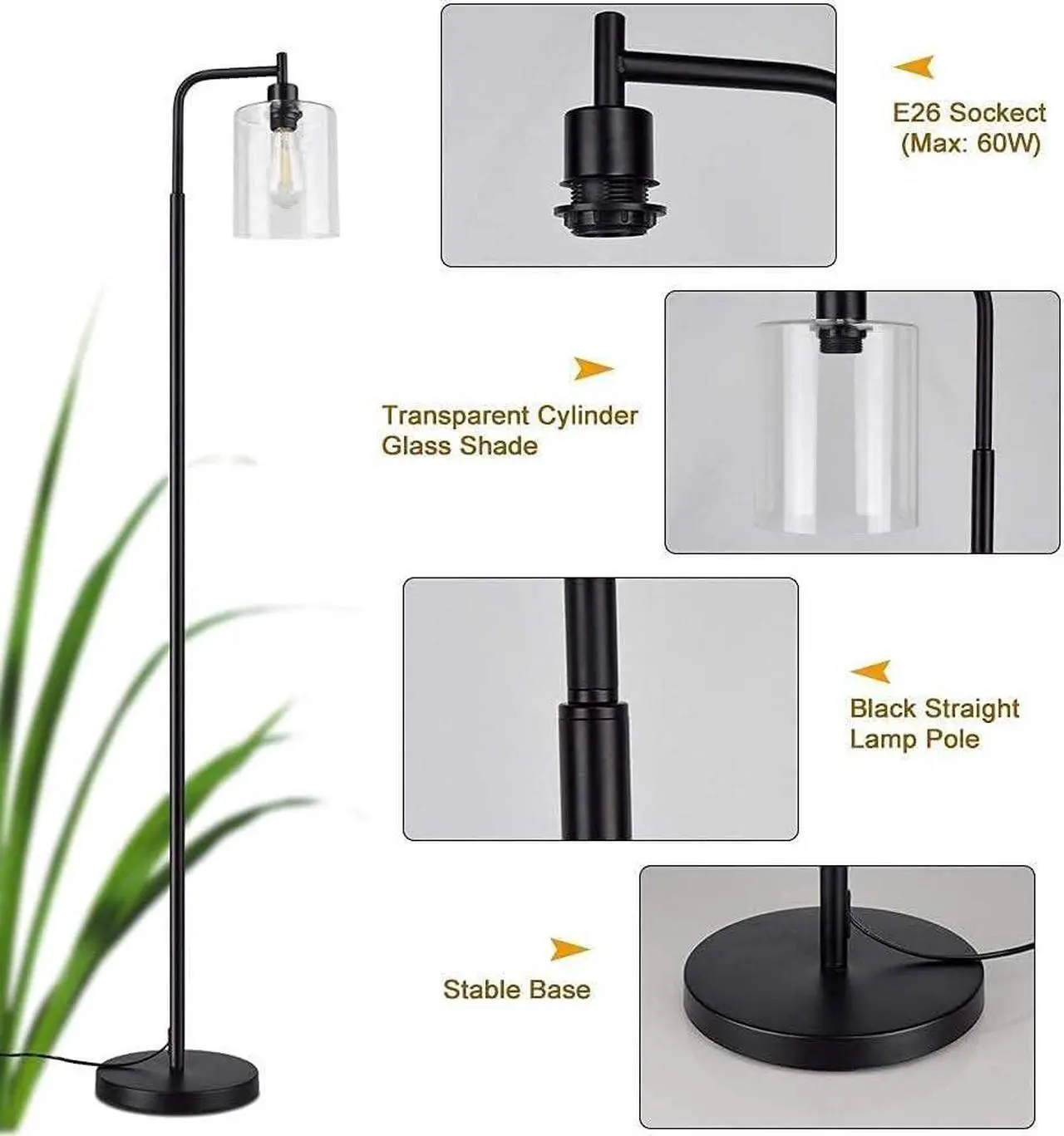 Alt view image 5 of 7 - Depuley Black Floor Lamp, Industrial LED Floor Lamps with Hanging Glass Shade, Farmhouse Standing Lamp Modern Tall Pole Lighting for Living Room, Bedroom, Office, Study Room, E26 Bulb Included