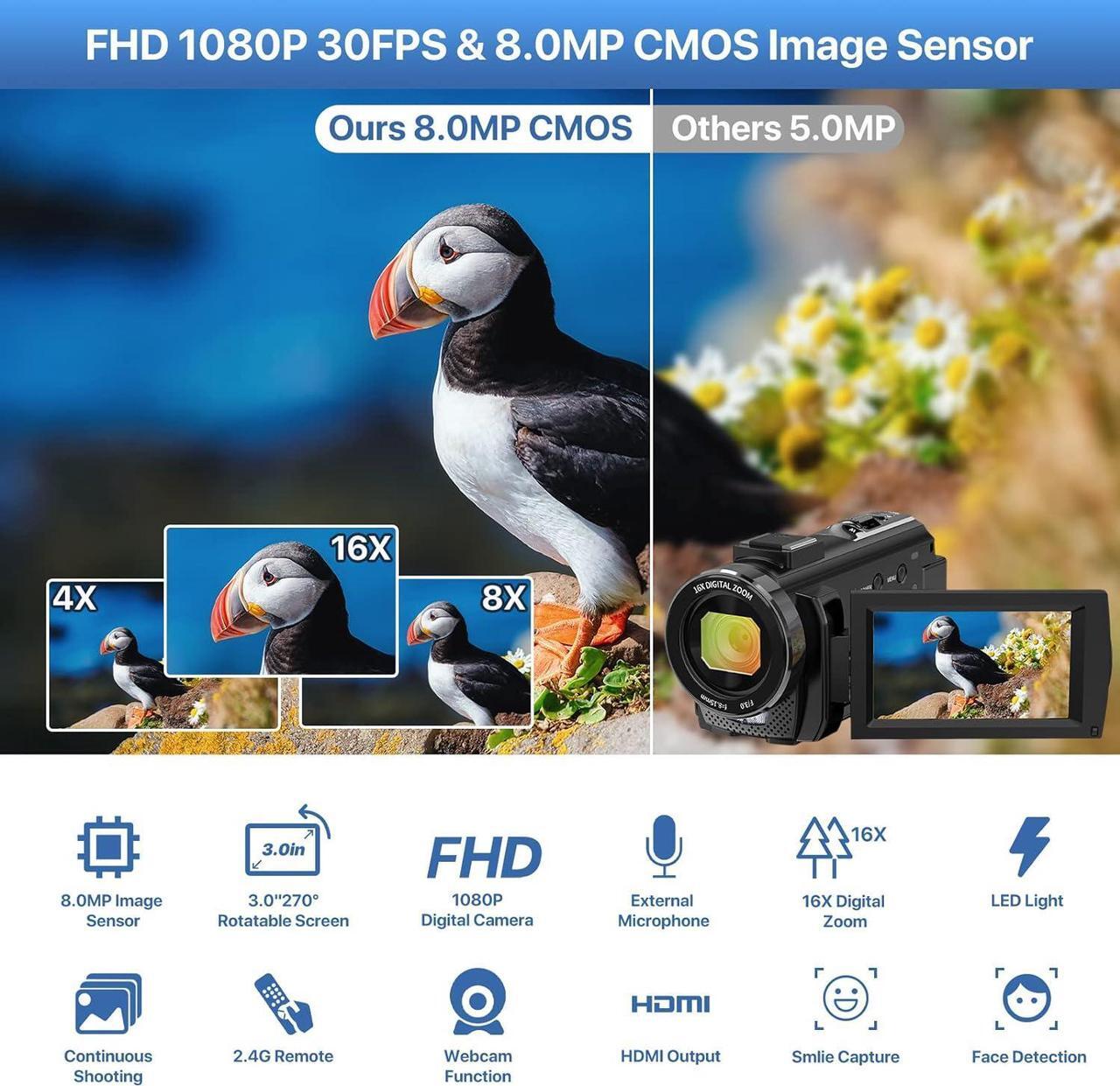 Alt view image 2 of 7 - Video Camera YouTube Vlogging Camera Recorder FHD 1080P 24.0MP 3.0 Inch 270 Degree Rotation Screen 16X Digital Zoom Camcorder with Microphone,Remote Control and 2 Batteries