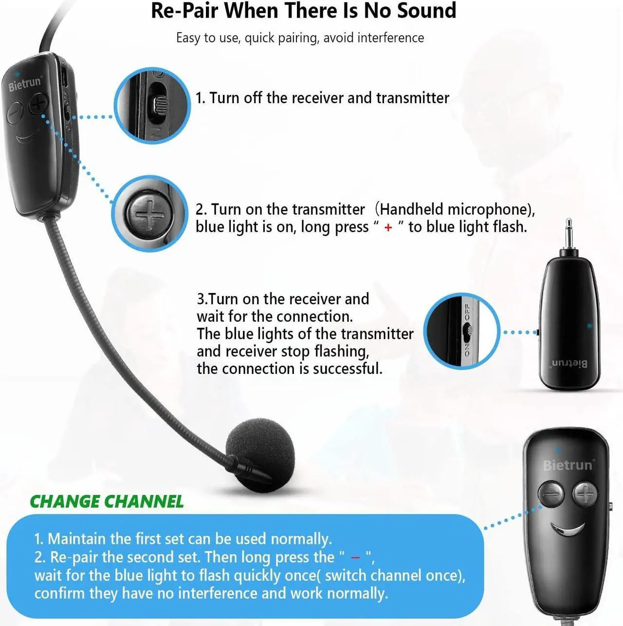 Alt view image 6 of 7 - Bietrun Wireless Microphone Headset, UHF Wireless Headset Mic System, 160ft Range,1/8'' and 1/4'' Plug, for Speakers, Voice Amplifier, PA System(Not Supported AUX/iOS)