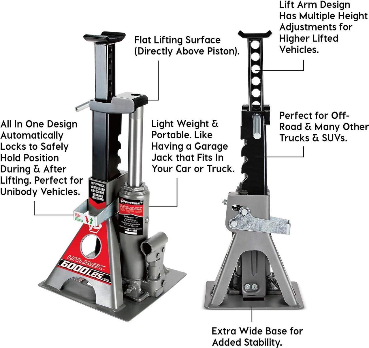 Alt view image 3 of 7 - 3 Ton, Bottle Jack and Jack Stands in One, 6000 Pound Capacity, All-in-One Car Lift, Heavy Duty Vehicle Unijack, Wide Base, 620471