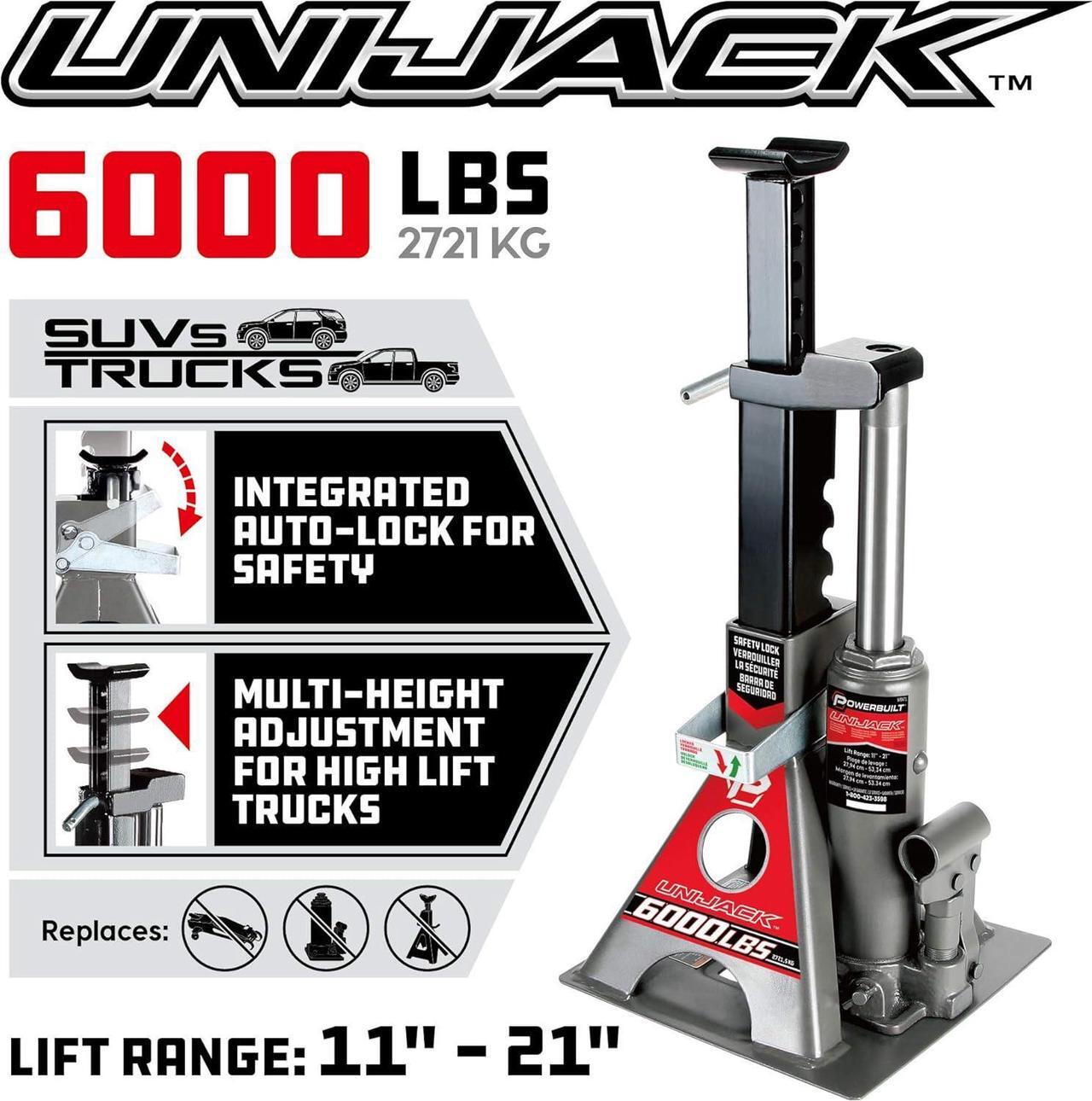 Alt view image 2 of 7 - 3 Ton, Bottle Jack and Jack Stands in One, 6000 Pound Capacity, All-in-One Car Lift, Heavy Duty Vehicle Unijack, Wide Base, 620471