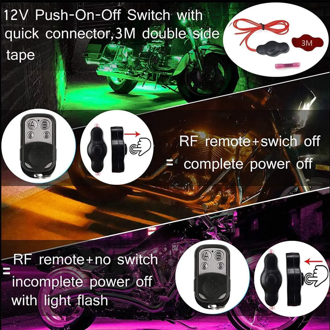 Alt view image 4 of 7 - 12Pcs Vehicle Motorcycle LED Light Kit Strips Multi-Color Accent Glow Lighting Neon Lights Lamp Flexible with Remote