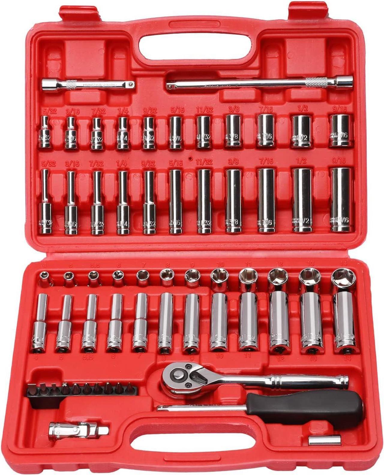 CASOMAN 1/4-Inch Drive Master Socket Set with Ratchets, Adapters, Extensions with 1/4" Dr. Bits Set, Inch/Metric, 6-Point, 5/32-Inch - 9/16-Inch, 4 mm - 14 mm, 62-Piece 1/4" Dr. Socket Set