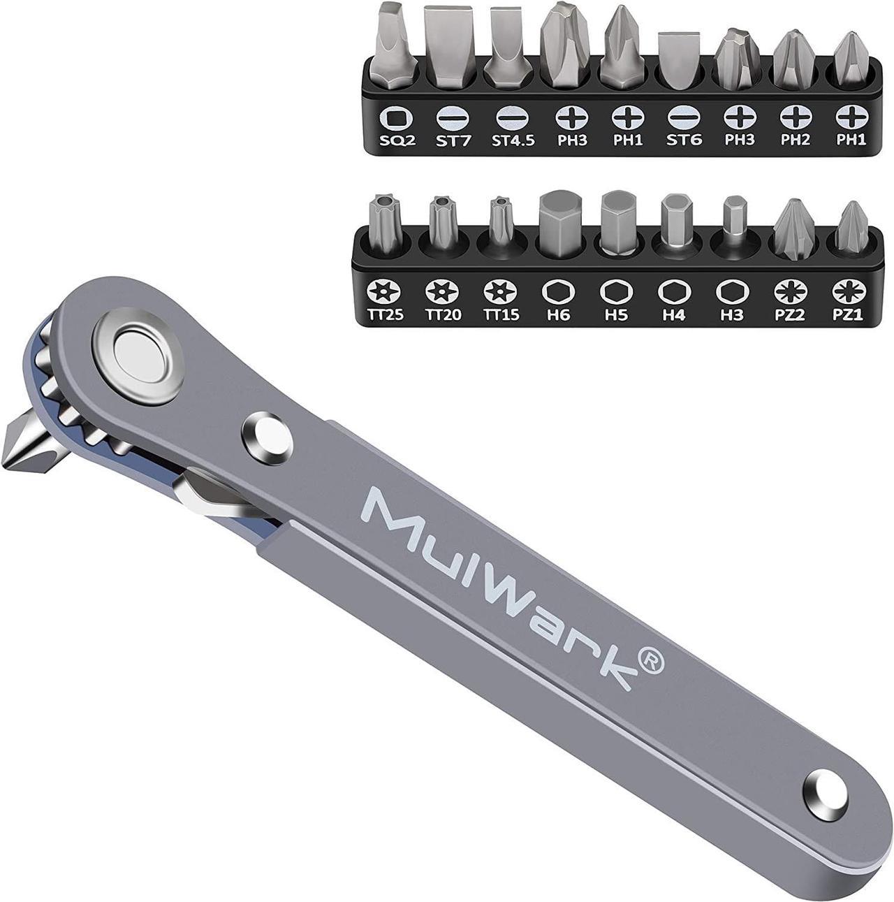 MulWark 20pc 1/4 Ultra Low Profile Mini Ratchet Wrench Close Quarters Screwdriver Set with High Torque - Right Angle EDC Tool with 90 Degree Mini Offset Reversible Drive Handle & Multi Hex Bits Set