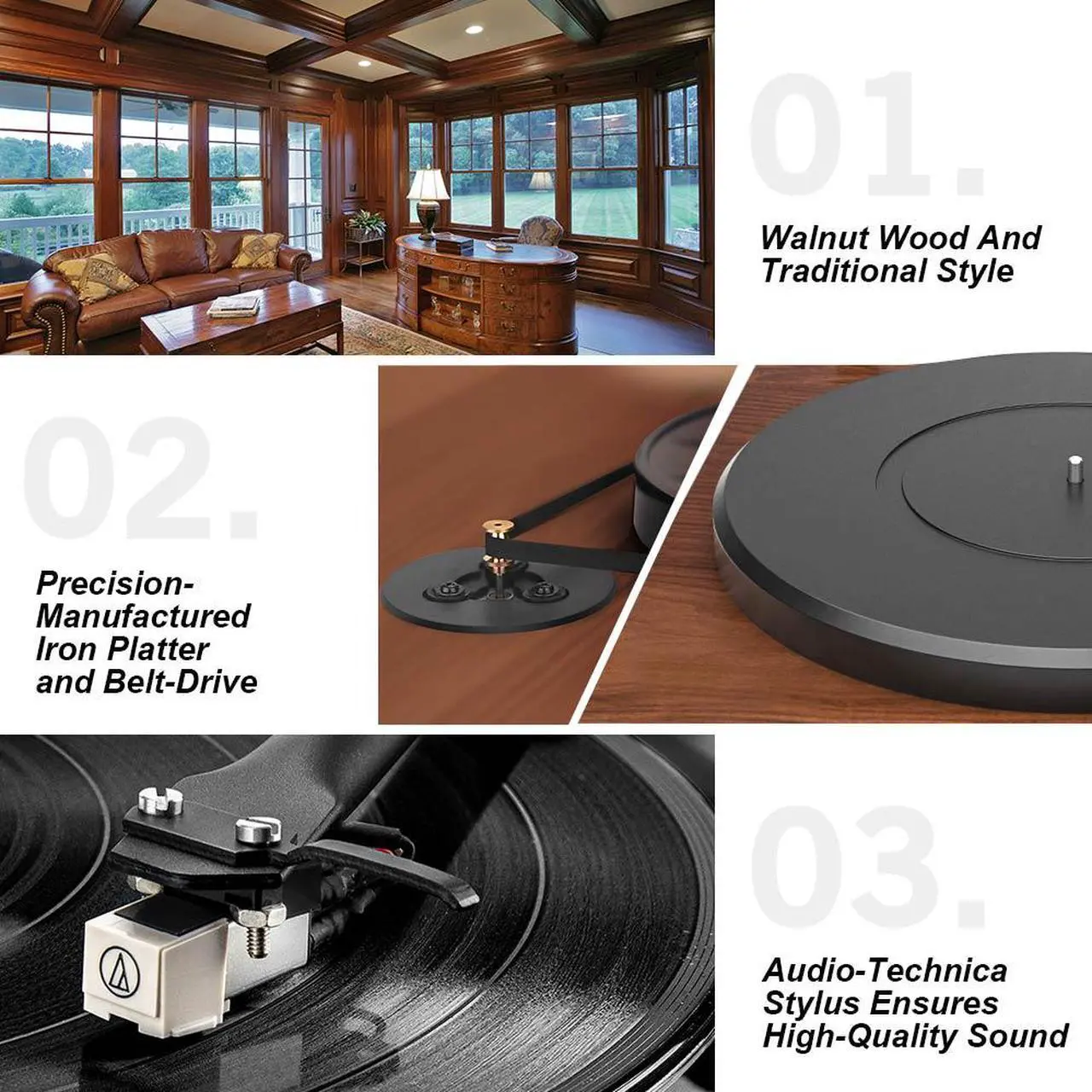Alt view image 2 of 5 - ANGELS HORN Vinyl Turntable Record Player, Built-in 2-Speed Phono Preamp and Belt Drive for Vinyl Records- AT-3600L (Walnut Wood)