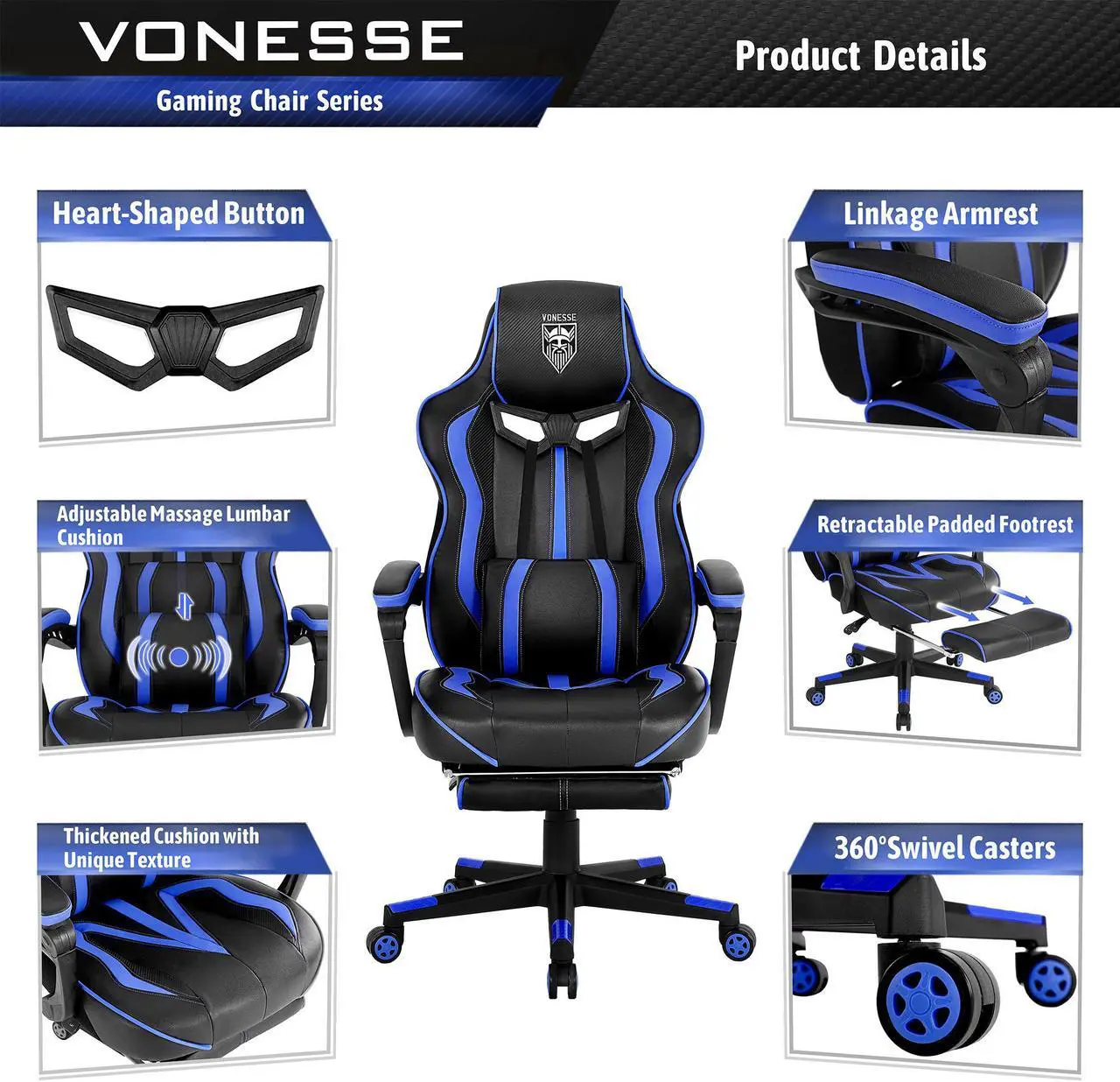 Alt view image 2 of 7 - Gaming Chair with Footrest, Reclining Computer Chair with Massage, Big and Tall Gamer Chair, High Back Gaming Desk Chair, Ergonomic PC Gaming Chair, Computer Gaming Chairs for Adults 300LBS (Blue)
