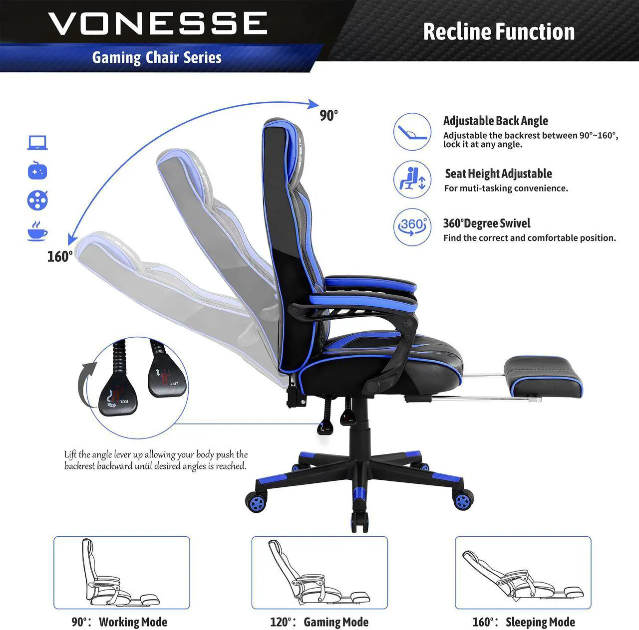 Alt view image 3 of 7 - Gaming Chair with Footrest, Reclining Computer Chair with Massage, Big and Tall Gamer Chair, High Back Gaming Desk Chair, Ergonomic PC Gaming Chair, Computer Gaming Chairs for Adults 300LBS (Blue)