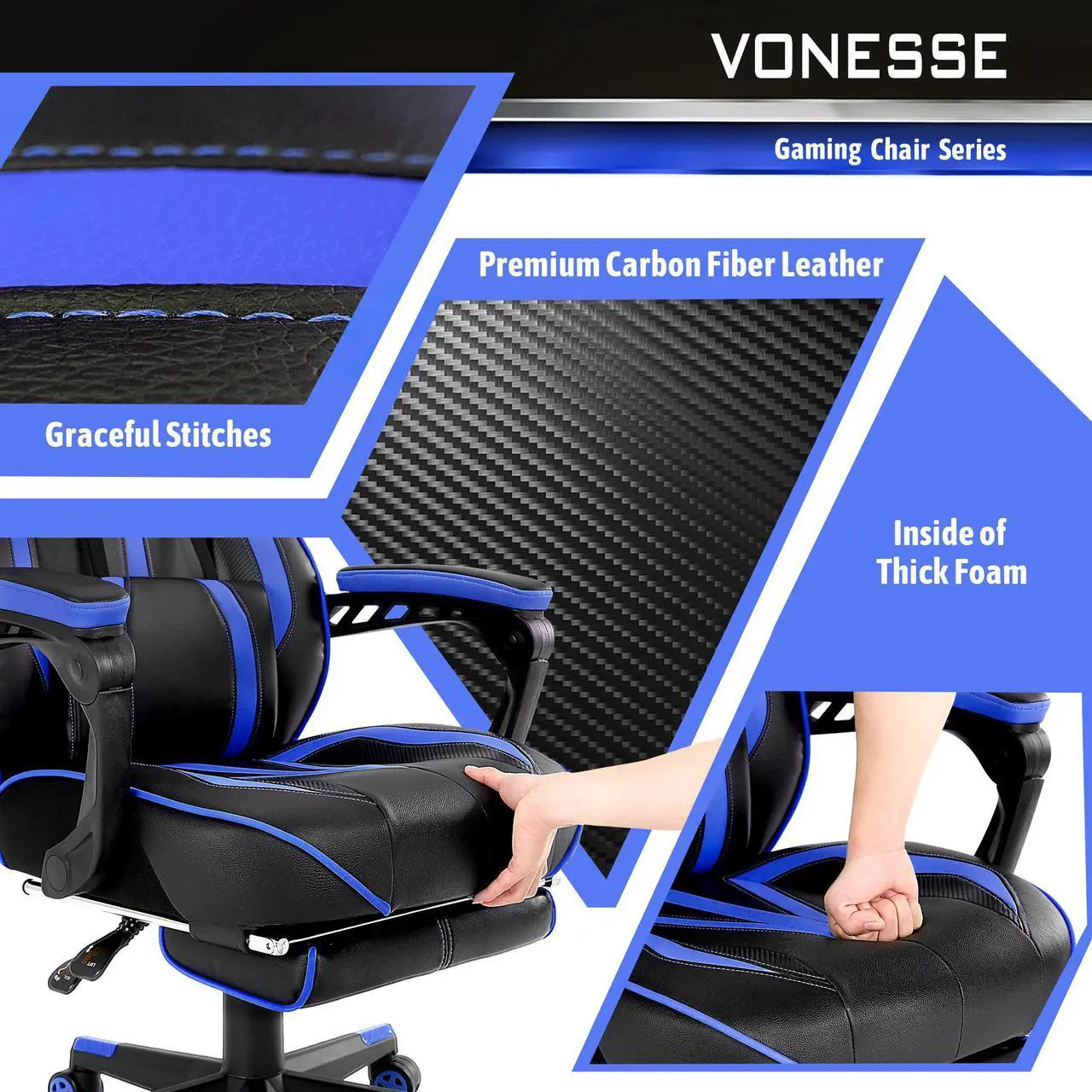 Alt view image 5 of 7 - Gaming Chair with Footrest, Reclining Computer Chair with Massage, Big and Tall Gamer Chair, High Back Gaming Desk Chair, Ergonomic PC Gaming Chair, Computer Gaming Chairs for Adults 300LBS (Blue)
