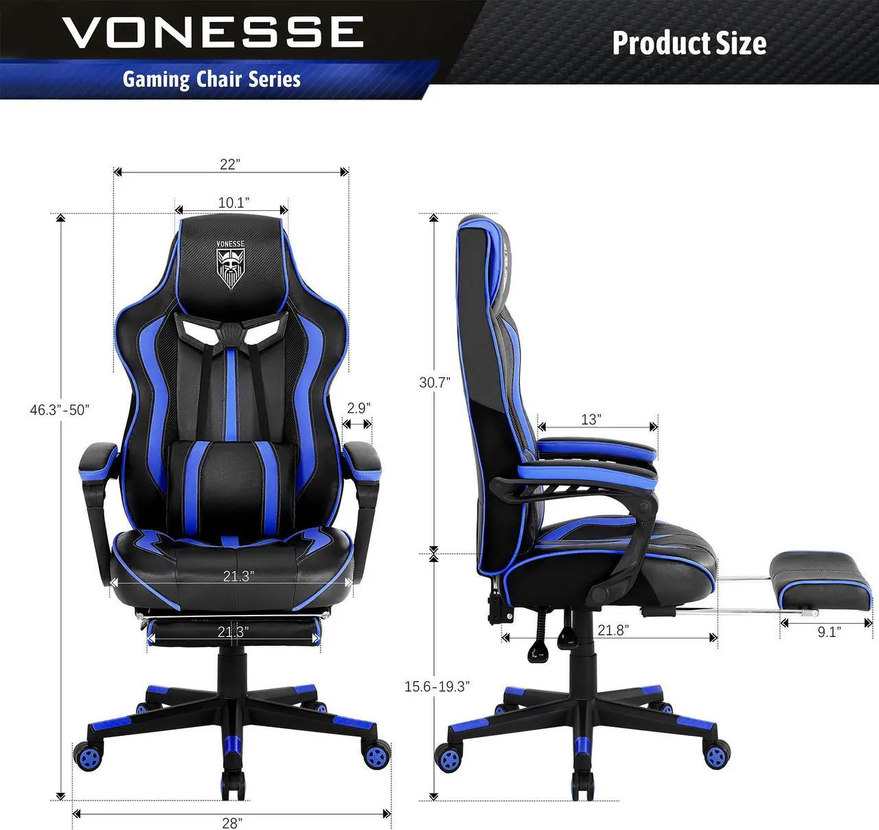 Alt view image 7 of 7 - Gaming Chair with Footrest, Reclining Computer Chair with Massage, Big and Tall Gamer Chair, High Back Gaming Desk Chair, Ergonomic PC Gaming Chair, Computer Gaming Chairs for Adults 300LBS (Blue)