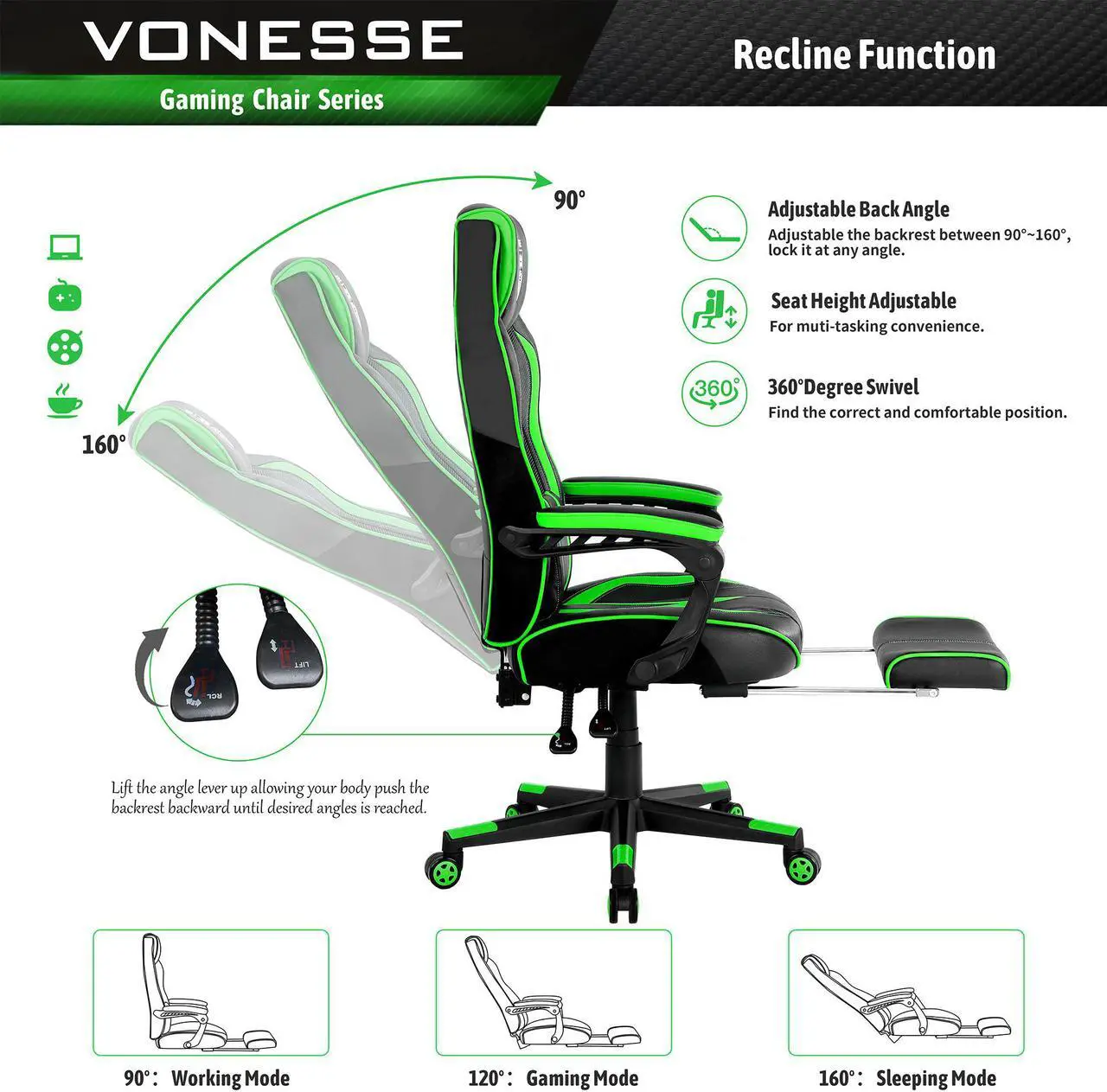 Alt view image 3 of 7 - Gaming Chair with Footrest, High Back Gamer Chair with Massage, Reclining Computer Chair, Big and Tall Gaming Desk Chair, Ergonomic Game Chair for Adults, Computer Gaming Chair for Teens (Green)