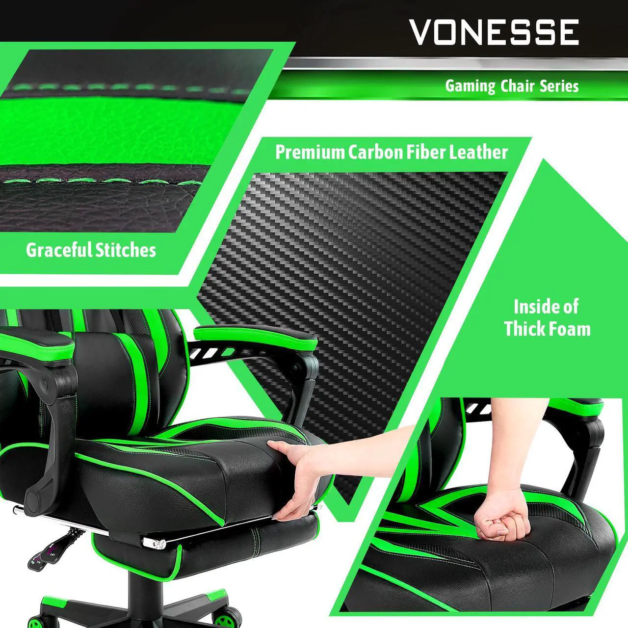 Alt view image 5 of 7 - Gaming Chair with Footrest, High Back Gamer Chair with Massage, Reclining Computer Chair, Big and Tall Gaming Desk Chair, Ergonomic Game Chair for Adults, Computer Gaming Chair for Teens (Green)