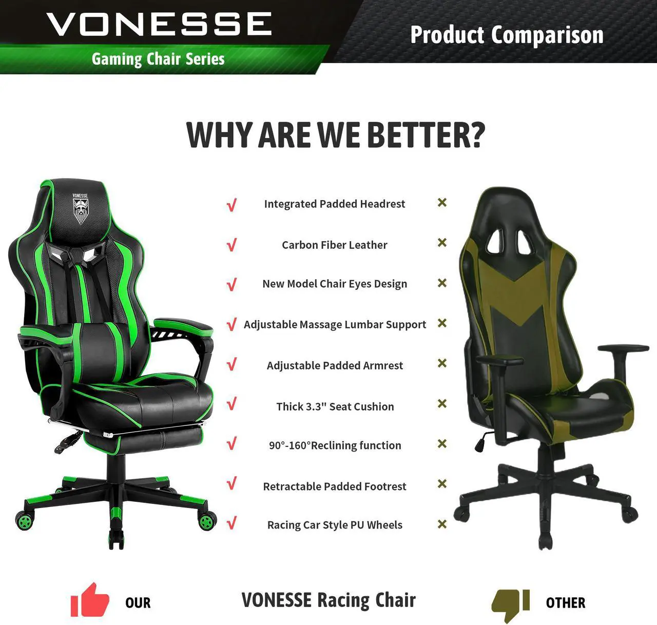 Alt view image 6 of 7 - Gaming Chair with Footrest, High Back Gamer Chair with Massage, Reclining Computer Chair, Big and Tall Gaming Desk Chair, Ergonomic Game Chair for Adults, Computer Gaming Chair for Teens (Green)