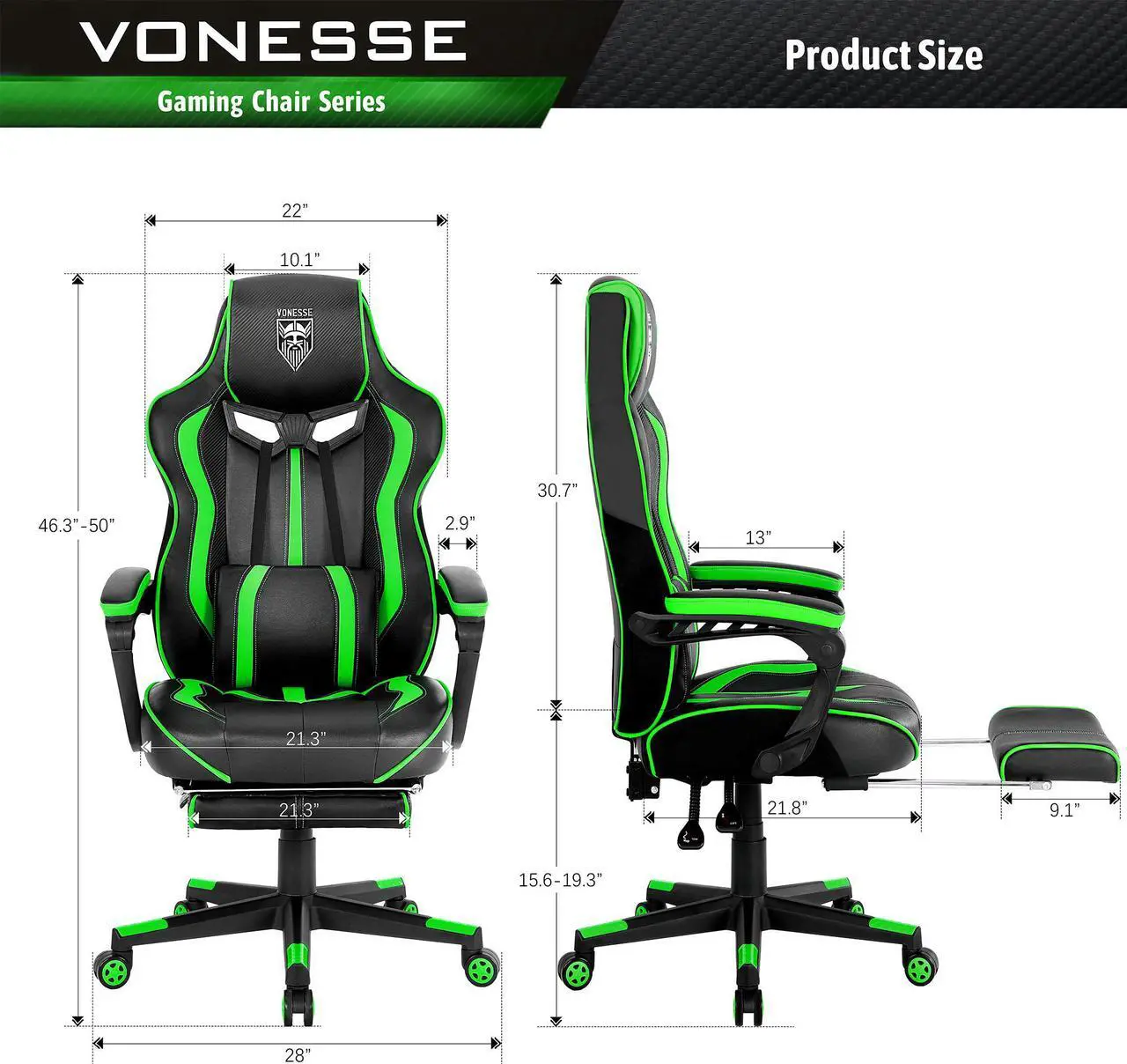 Alt view image 7 of 7 - Gaming Chair with Footrest, High Back Gamer Chair with Massage, Reclining Computer Chair, Big and Tall Gaming Desk Chair, Ergonomic Game Chair for Adults, Computer Gaming Chair for Teens (Green)