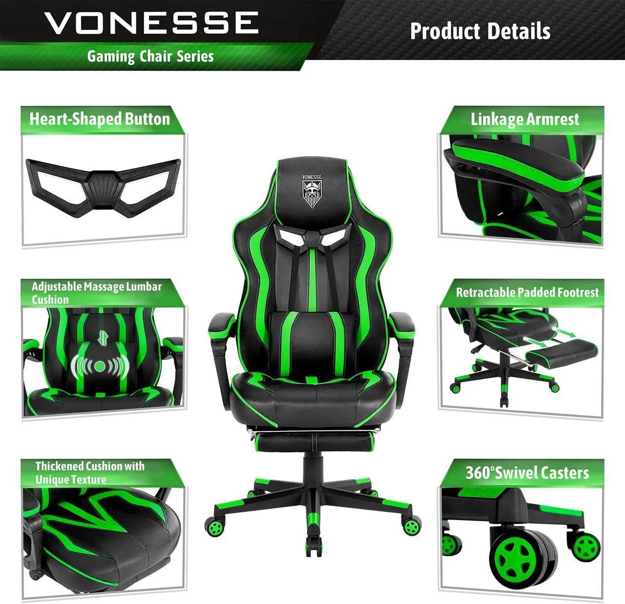Alt view image 2 of 7 - Gaming Chair with Footrest, High Back Gamer Chair with Massage, Reclining Computer Chair, Big and Tall Gaming Desk Chair, Ergonomic Game Chair for Adults, Computer Gaming Chair for Teens (Green)
