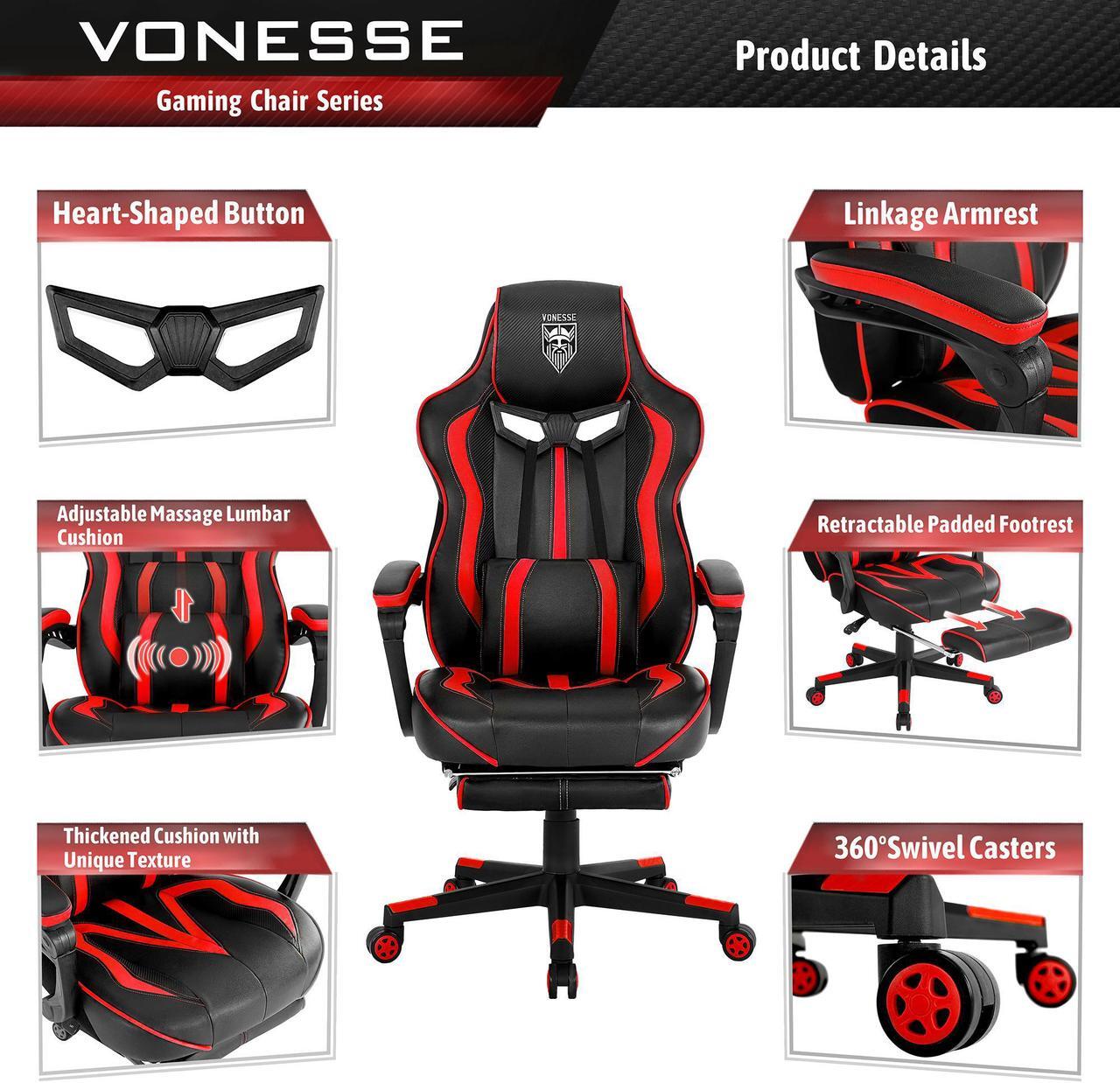 Alt view image 2 of 7 - Reclining Gaming Chair with Footrest, Gaming Computer Chair with Massage, Recliner Computer Chair, High Back Gaming Desk Chair, Racing Style Gamer Chair, Big and Tall Gaming Chairs for Adults (Red)
