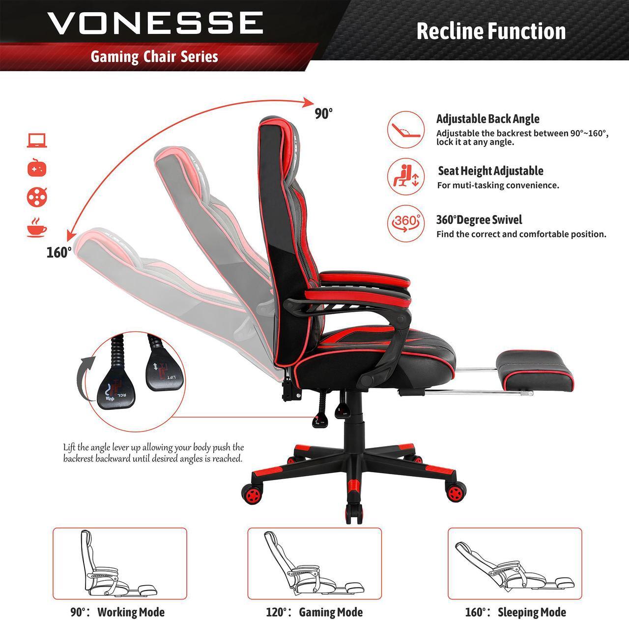 Alt view image 3 of 7 - Reclining Gaming Chair with Footrest, Gaming Computer Chair with Massage, Recliner Computer Chair, High Back Gaming Desk Chair, Racing Style Gamer Chair, Big and Tall Gaming Chairs for Adults (Red)