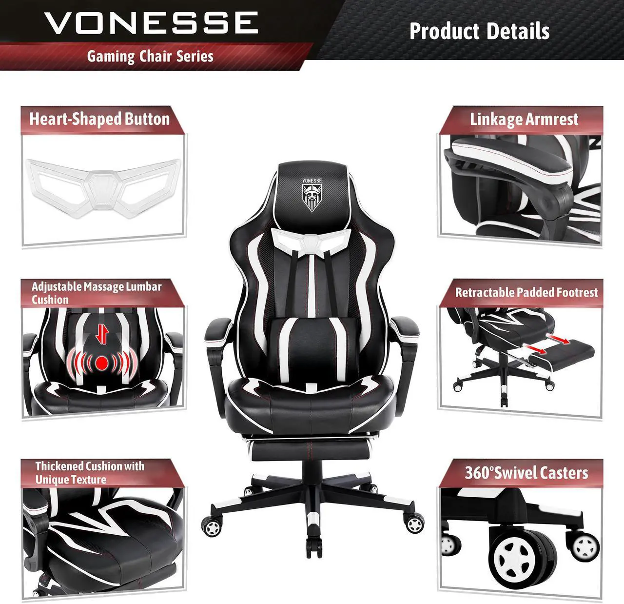 Alt view image 2 of 7 - Vonesse Gaming Chair with Footrest, Reclining Computer Gaming Chair with Massage, Gamer Chair Big and Tall, Game Chair for Adults, Ergonomic Gaming Desk Chair, Racing Chair with Lumbar Pillow (White)