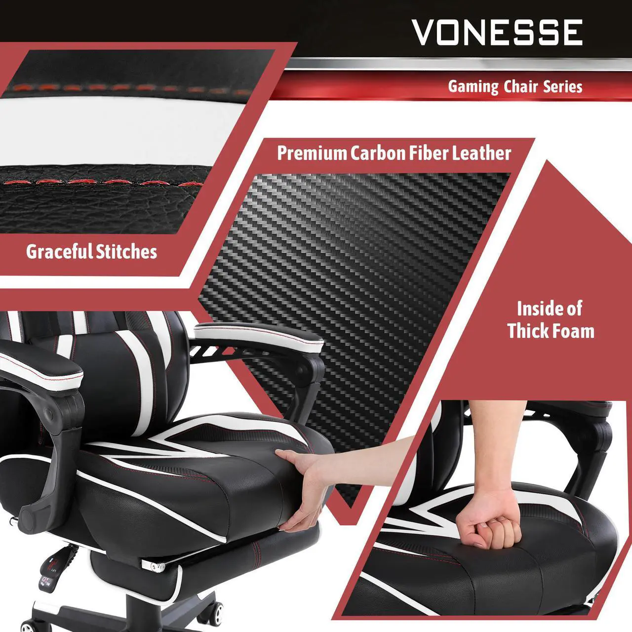 Alt view image 5 of 7 - Vonesse Gaming Chair with Footrest, Reclining Computer Gaming Chair with Massage, Gamer Chair Big and Tall, Game Chair for Adults, Ergonomic Gaming Desk Chair, Racing Chair with Lumbar Pillow (White)