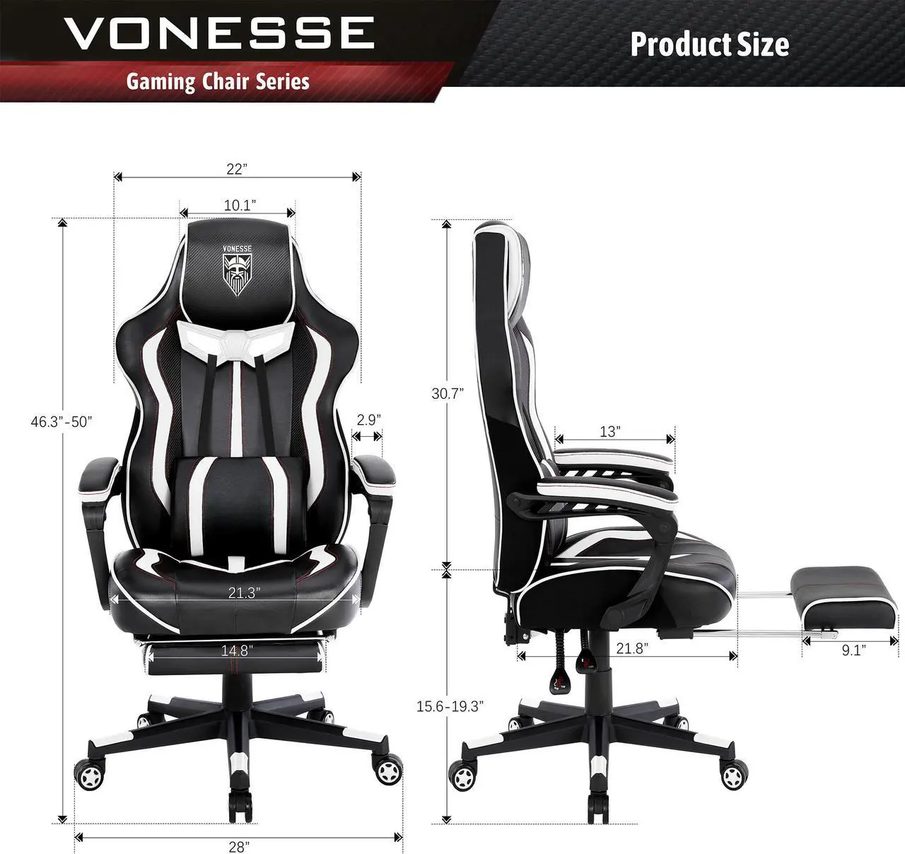 Alt view image 7 of 7 - Vonesse Gaming Chair with Footrest, Reclining Computer Gaming Chair with Massage, Gamer Chair Big and Tall, Game Chair for Adults, Ergonomic Gaming Desk Chair, Racing Chair with Lumbar Pillow (White)