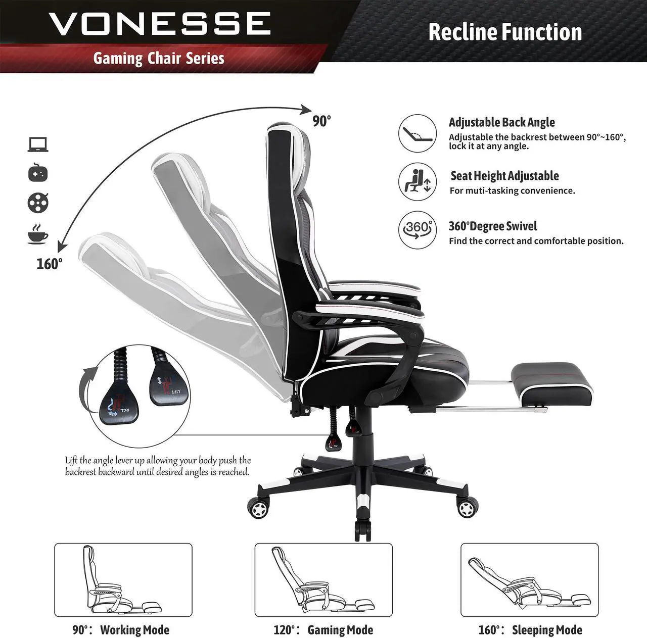 Alt view image 3 of 7 - Vonesse Gaming Chair with Footrest, Reclining Computer Gaming Chair with Massage, Gamer Chair Big and Tall, Game Chair for Adults, Ergonomic Gaming Desk Chair, Racing Chair with Lumbar Pillow (White)