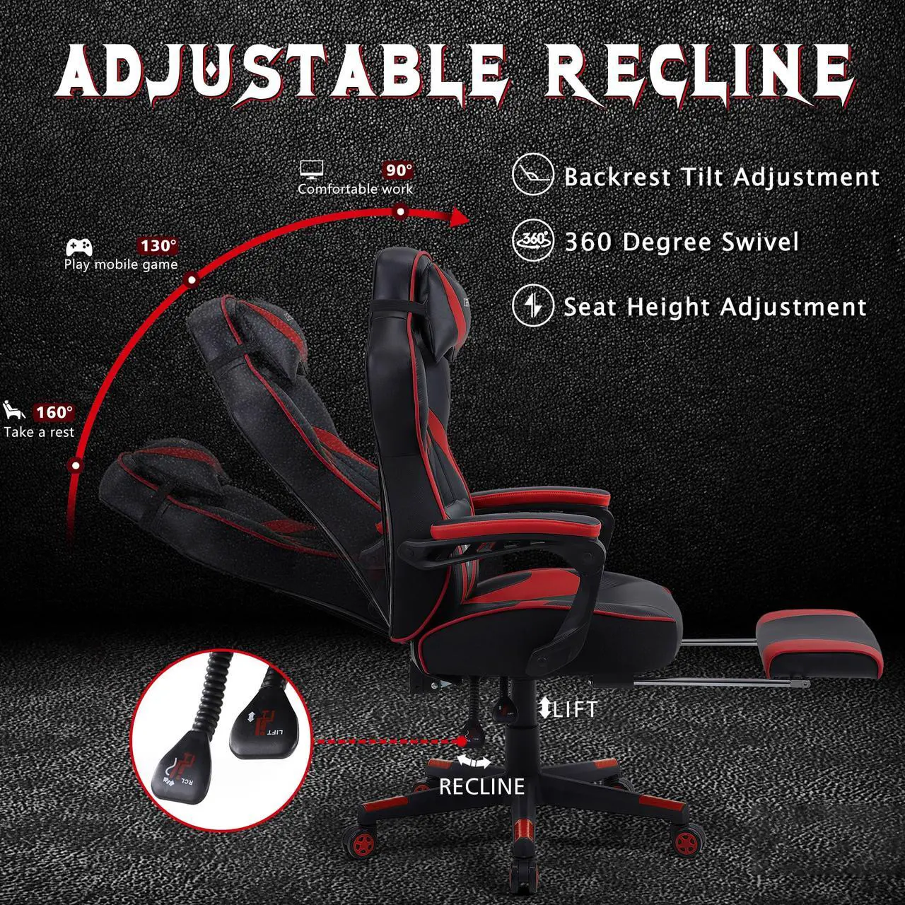 Alt view image 2 of 7 - Zeanus Gaming Chairs for Adults, Ergonomic Gaming Chair with Footrest, Gaming Computer Chair with Massage, Recliner Computer Chair, High Back Gaming Desk Chair, Racing Style Gamer Chair (Red)