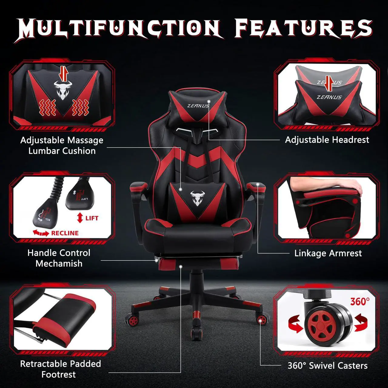 Alt view image 3 of 7 - Zeanus Gaming Chairs for Adults, Ergonomic Gaming Chair with Footrest, Gaming Computer Chair with Massage, Recliner Computer Chair, High Back Gaming Desk Chair, Racing Style Gamer Chair (Red)