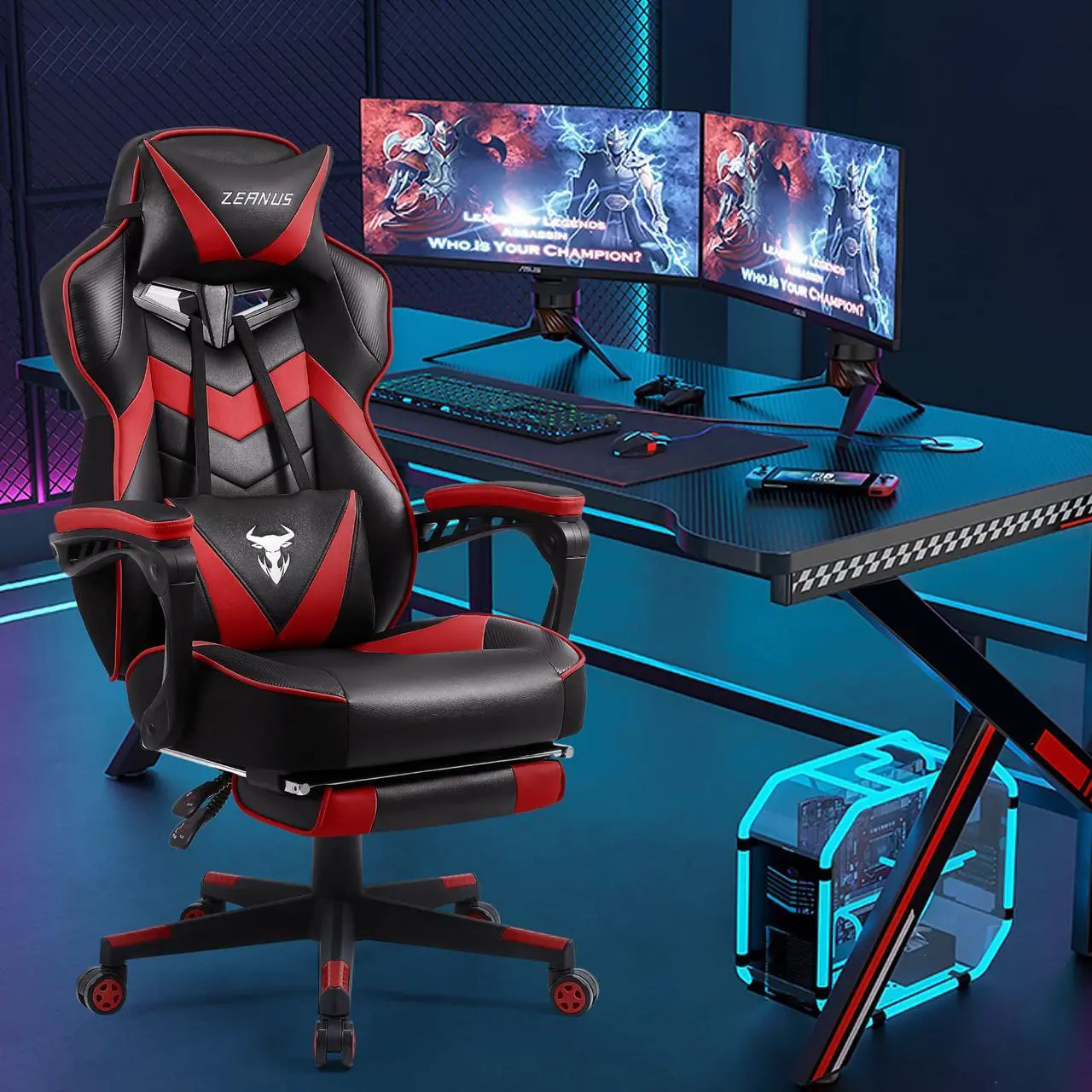 Alt view image 5 of 7 - Zeanus Gaming Chairs for Adults, Ergonomic Gaming Chair with Footrest, Gaming Computer Chair with Massage, Recliner Computer Chair, High Back Gaming Desk Chair, Racing Style Gamer Chair (Red)