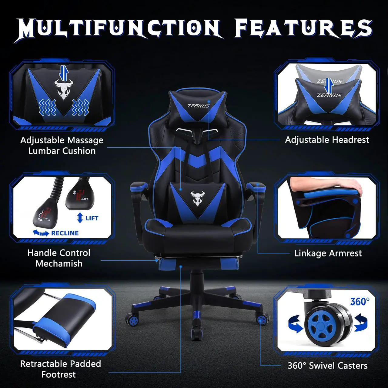 Alt view image 3 of 7 - Zeanus Gaming Chairs for Adults, Gaming Chair with Footrest, Gamer Chair with Massage, High Back Gaming Desk Chair, Ergonomic Gaming Computer Chair, Big and Tall Gaming Chairs (Blue)