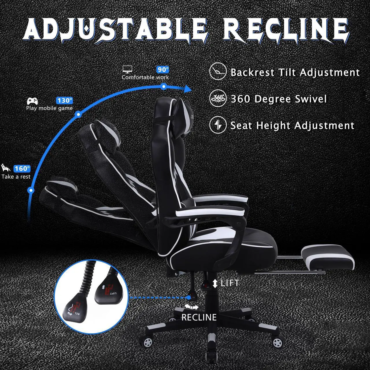Alt view image 2 of 7 - Zeanus Gaming Chairs for Adults, Ergonomic Gaming Computer Chair, Recliner Computer Chair with Footrest, Office Gamer Chair with Massage, Big and Tall Racing Chair, High Back Gaming Desk Chair (White)