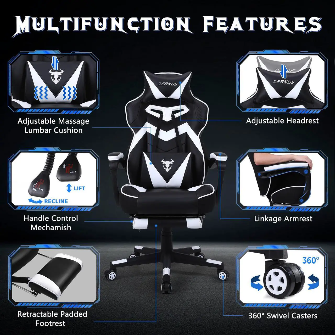 Alt view image 3 of 7 - Zeanus Gaming Chairs for Adults, Ergonomic Gaming Computer Chair, Recliner Computer Chair with Footrest, Office Gamer Chair with Massage, Big and Tall Racing Chair, High Back Gaming Desk Chair (White)