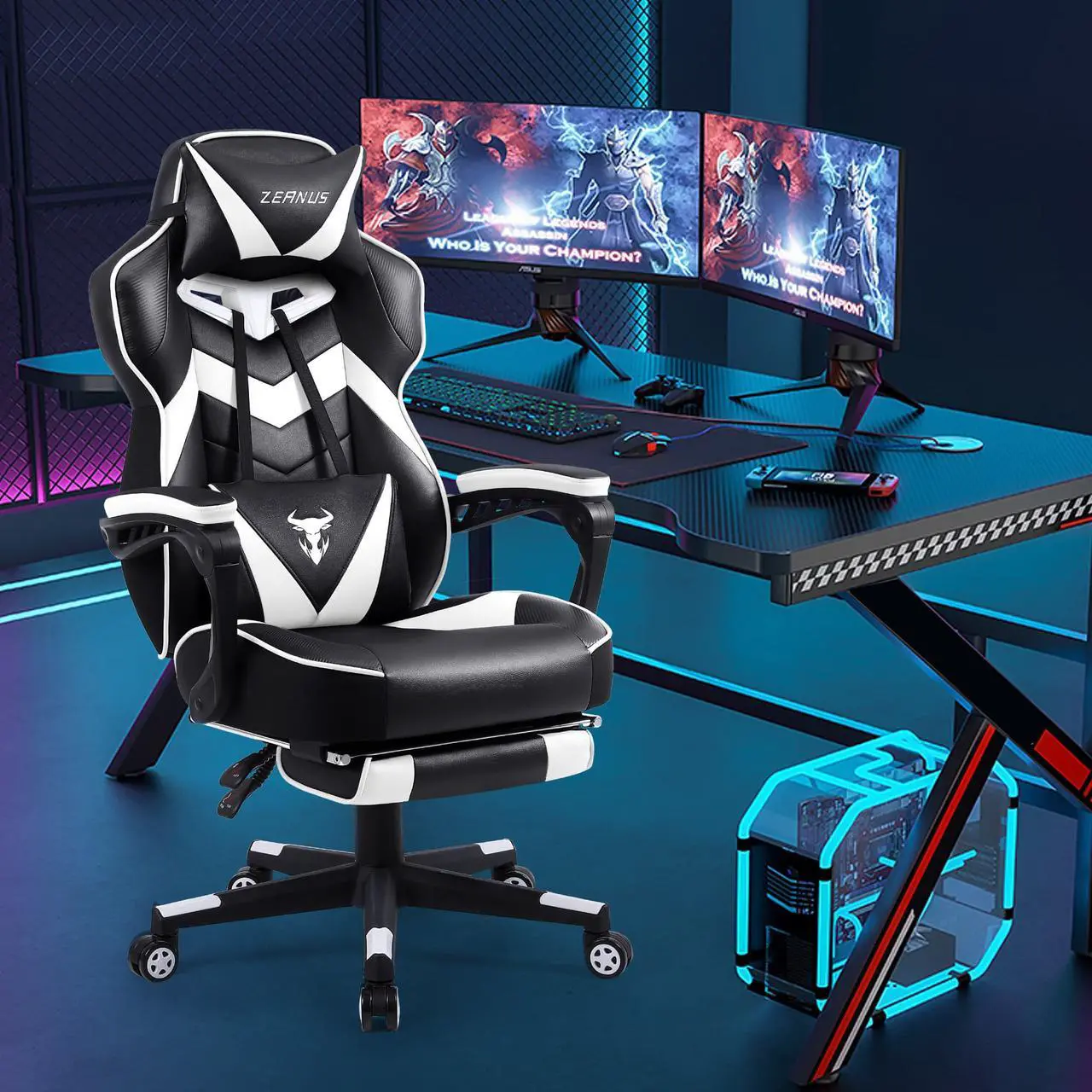 Alt view image 5 of 7 - Zeanus Gaming Chairs for Adults, Ergonomic Gaming Computer Chair, Recliner Computer Chair with Footrest, Office Gamer Chair with Massage, Big and Tall Racing Chair, High Back Gaming Desk Chair (White)