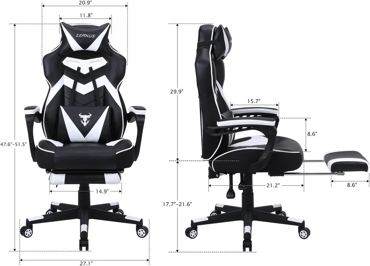 Alt view image 6 of 7 - Zeanus Gaming Chairs for Adults, Ergonomic Gaming Computer Chair, Recliner Computer Chair with Footrest, Office Gamer Chair with Massage, Big and Tall Racing Chair, High Back Gaming Desk Chair (White)