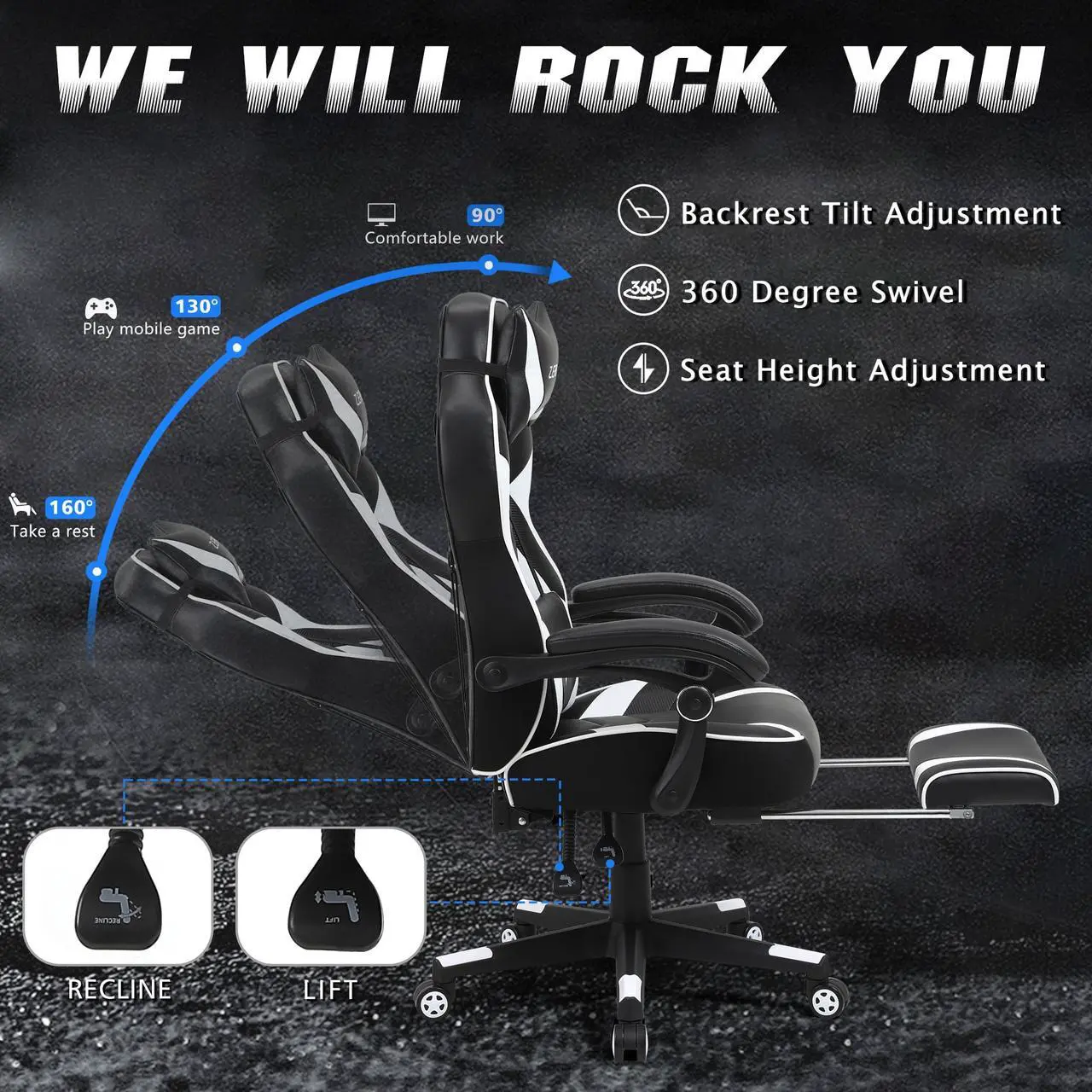 Alt view image 2 of 7 - Zeanus Gaming Chair for Adults, Ergonomic Computer Chair with Footrest, Gaming Chair with Massage, Big and Tall Gaming Chair, Reclining Desk Chair, High Back Racing Chair, E-Sports Gamer Chair (White)