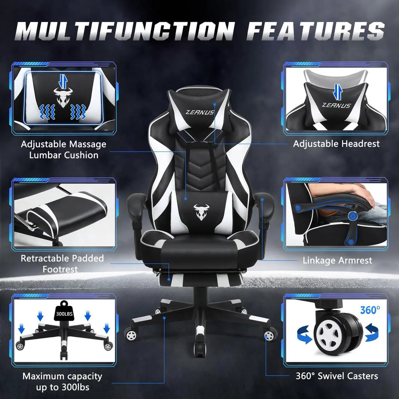 Alt view image 3 of 7 - Zeanus Gaming Chair for Adults, Ergonomic Computer Chair with Footrest, Gaming Chair with Massage, Big and Tall Gaming Chair, Reclining Desk Chair, High Back Racing Chair, E-Sports Gamer Chair (White)