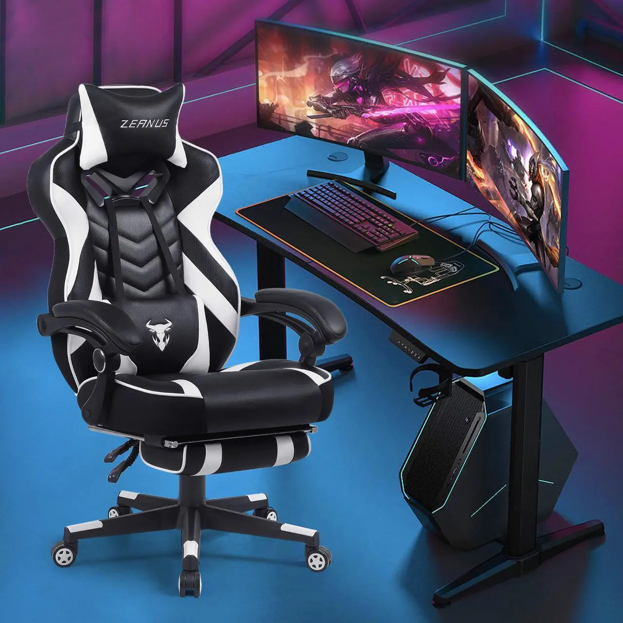Alt view image 5 of 7 - Zeanus Gaming Chair for Adults, Ergonomic Computer Chair with Footrest, Gaming Chair with Massage, Big and Tall Gaming Chair, Reclining Desk Chair, High Back Racing Chair, E-Sports Gamer Chair (White)