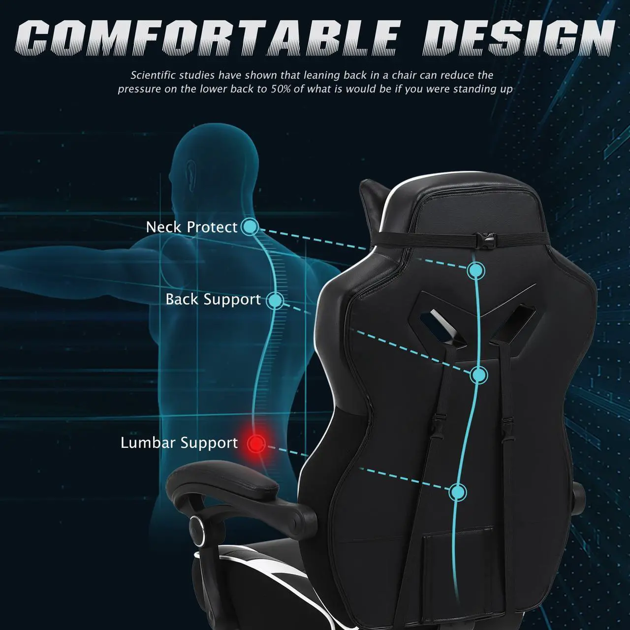 Alt view image 6 of 7 - Zeanus Gaming Chair for Adults, Ergonomic Computer Chair with Footrest, Gaming Chair with Massage, Big and Tall Gaming Chair, Reclining Desk Chair, High Back Racing Chair, E-Sports Gamer Chair (White)
