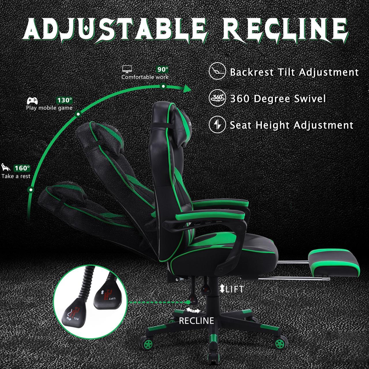 Alt view image 2 of 7 - Zeanus Gaming Chair for Adults Green, Gaming Chair with Footrest, Massage Computer Gaming Chair, Reclining Gaming Desk Chair, Big and Tall Video Gaming Chair, Racing Style Chair, E-Sports Gamer Chair