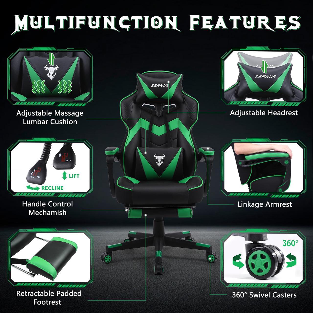 Alt view image 3 of 7 - Zeanus Gaming Chair for Adults Green, Gaming Chair with Footrest, Massage Computer Gaming Chair, Reclining Gaming Desk Chair, Big and Tall Video Gaming Chair, Racing Style Chair, E-Sports Gamer Chair