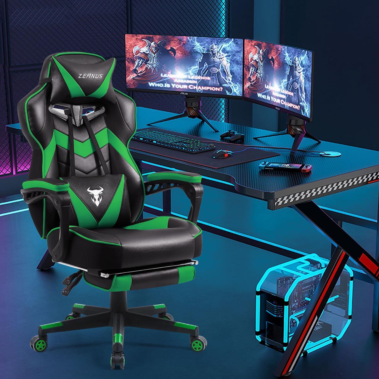 Alt view image 5 of 7 - Zeanus Gaming Chair for Adults Green, Gaming Chair with Footrest, Massage Computer Gaming Chair, Reclining Gaming Desk Chair, Big and Tall Video Gaming Chair, Racing Style Chair, E-Sports Gamer Chair