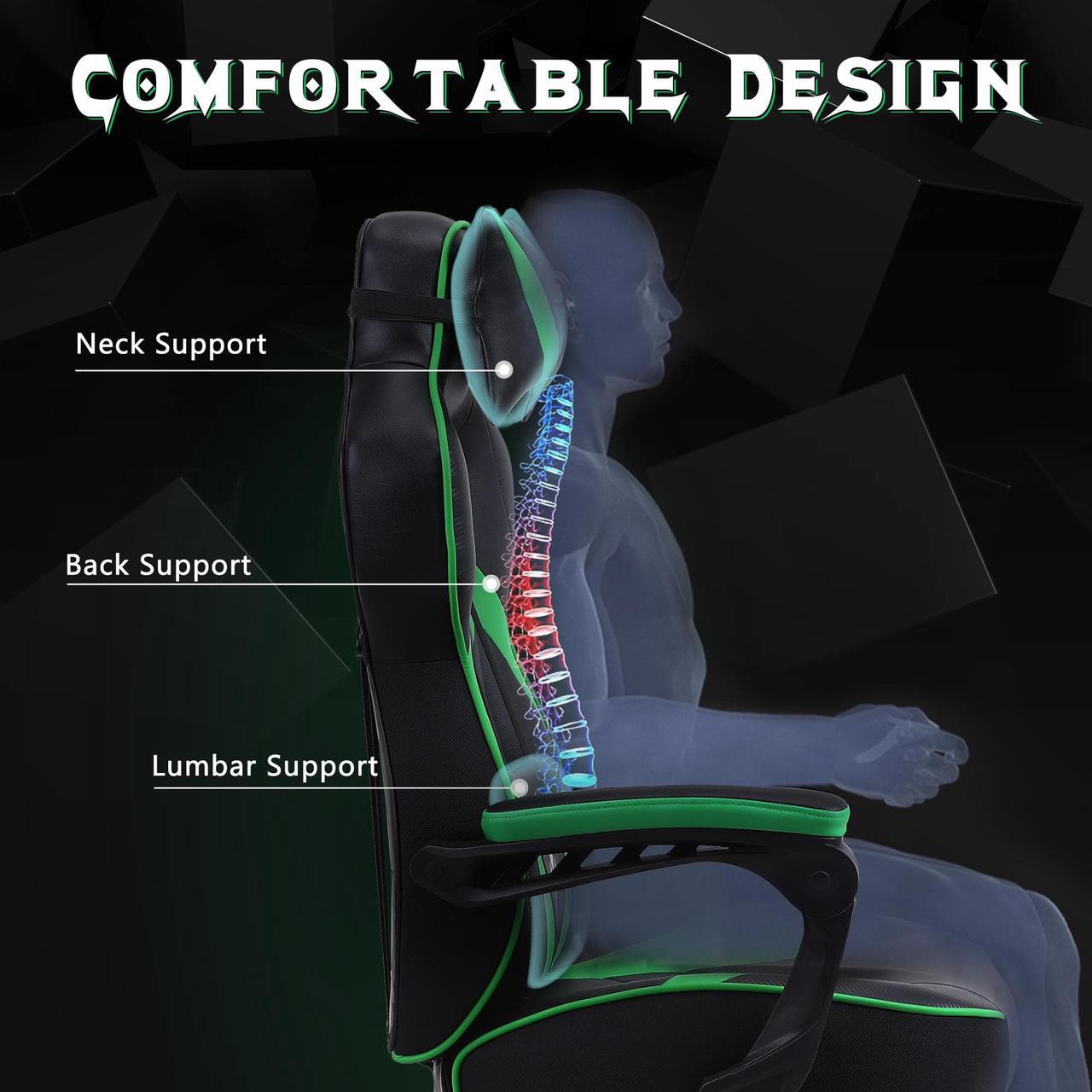 Alt view image 7 of 7 - Zeanus Gaming Chair for Adults Green, Gaming Chair with Footrest, Massage Computer Gaming Chair, Reclining Gaming Desk Chair, Big and Tall Video Gaming Chair, Racing Style Chair, E-Sports Gamer Chair