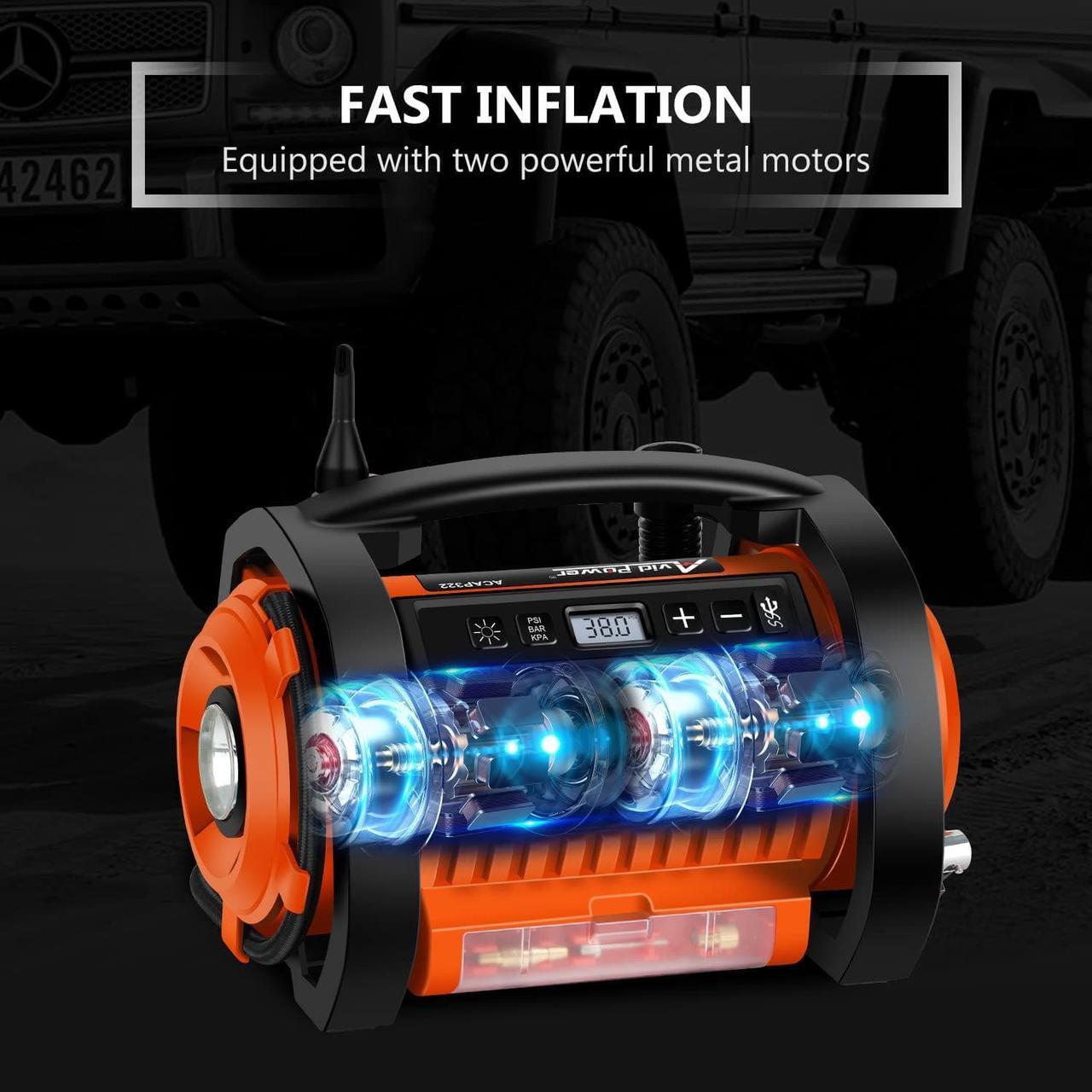 Alt view image 2 of 7 - AVID POWER Tire Inflator Portable Air Compressor, 12V DC / 110V AC Car Tire Pump, Air Mattress Pump with Inflation and Deflation Modes, Dual Powerful Motors, Digital Pressure Gauge