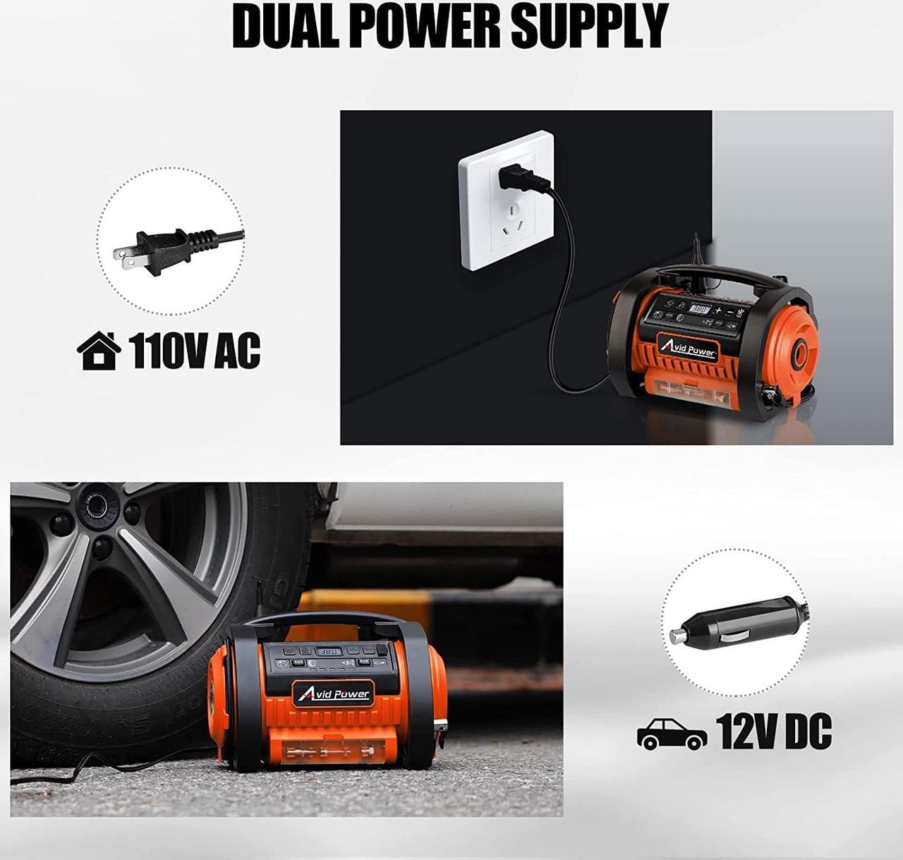 Alt view image 4 of 7 - AVID POWER Tire Inflator Portable Air Compressor, 12V DC / 110V AC Car Tire Pump, Air Mattress Pump with Inflation and Deflation Modes, Dual Powerful Motors, Digital Pressure Gauge