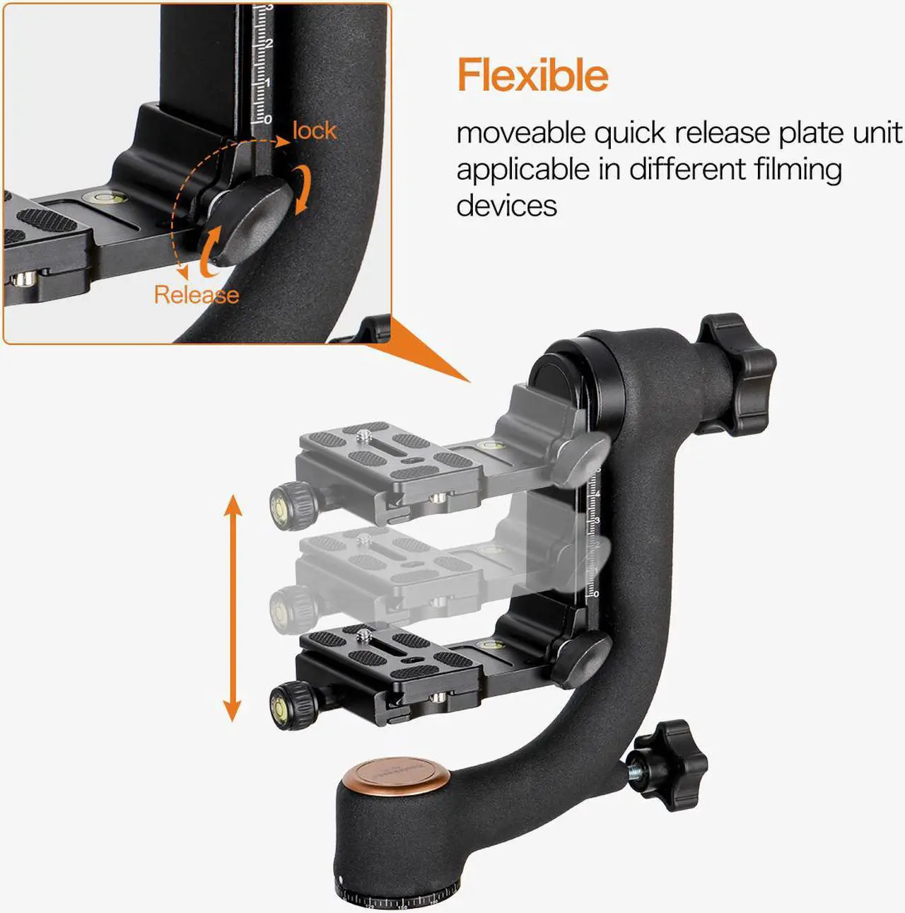 Alt view image 2 of 7 - Koolehaoda Professional Heavy Duty Metal Gimbal Tripod Head with with Arca Swiss Quick Release Plate and Bubble Level for Digital SLR Cameras up to 26lbs/12kg - (KQ-45)