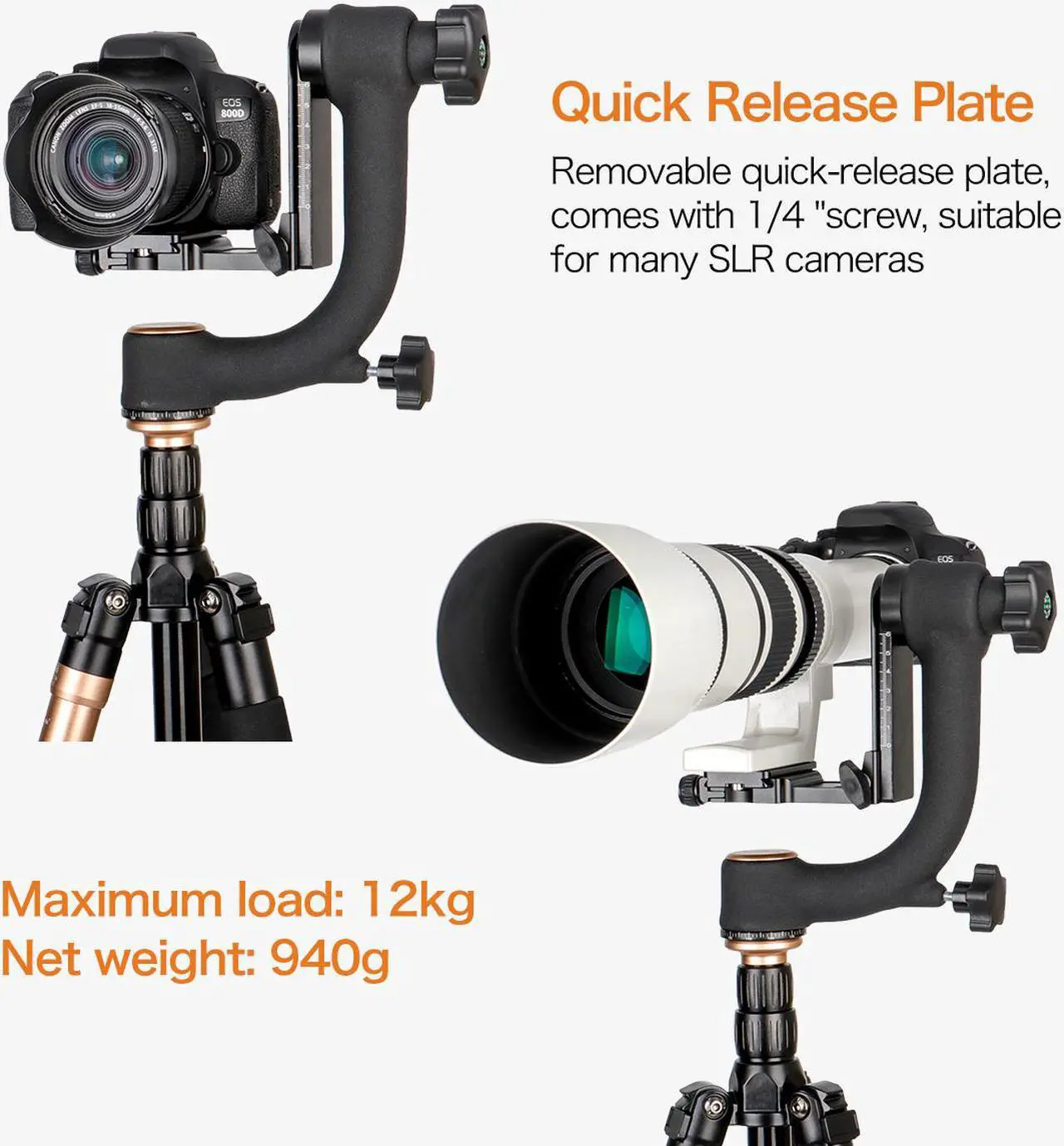 Alt view image 4 of 7 - Koolehaoda Professional Heavy Duty Metal Gimbal Tripod Head with with Arca Swiss Quick Release Plate and Bubble Level for Digital SLR Cameras up to 26lbs/12kg - (KQ-45)