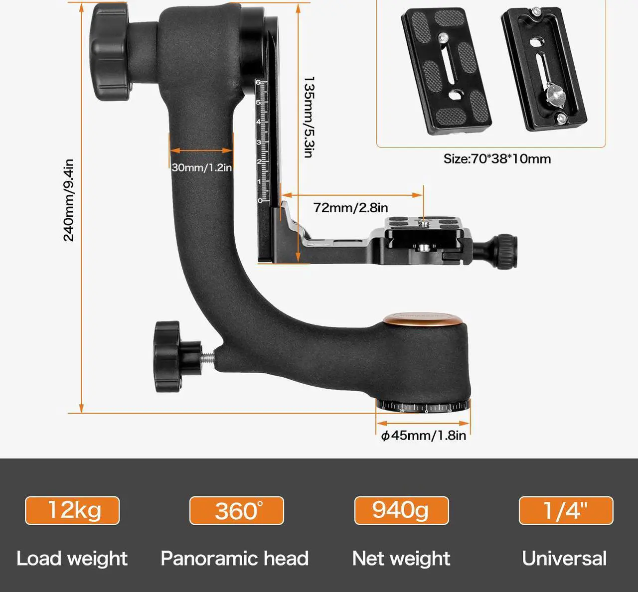 Alt view image 3 of 7 - Koolehaoda Professional Heavy Duty Metal Gimbal Tripod Head with with Arca Swiss Quick Release Plate and Bubble Level for Digital SLR Cameras up to 26lbs/12kg - (KQ-45)