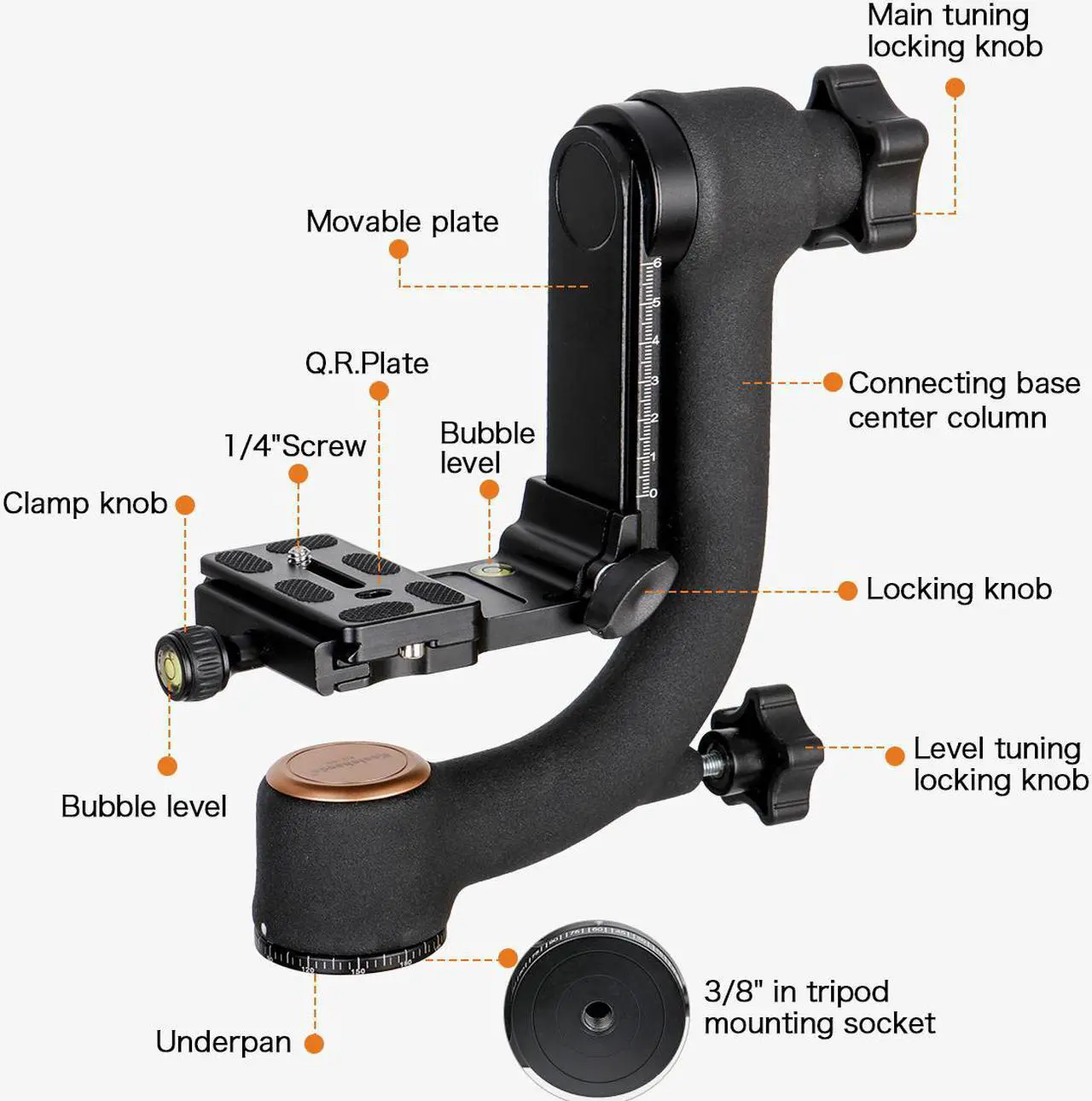 Alt view image 7 of 7 - Koolehaoda Professional Heavy Duty Metal Gimbal Tripod Head with with Arca Swiss Quick Release Plate and Bubble Level for Digital SLR Cameras up to 26lbs/12kg - (KQ-45)