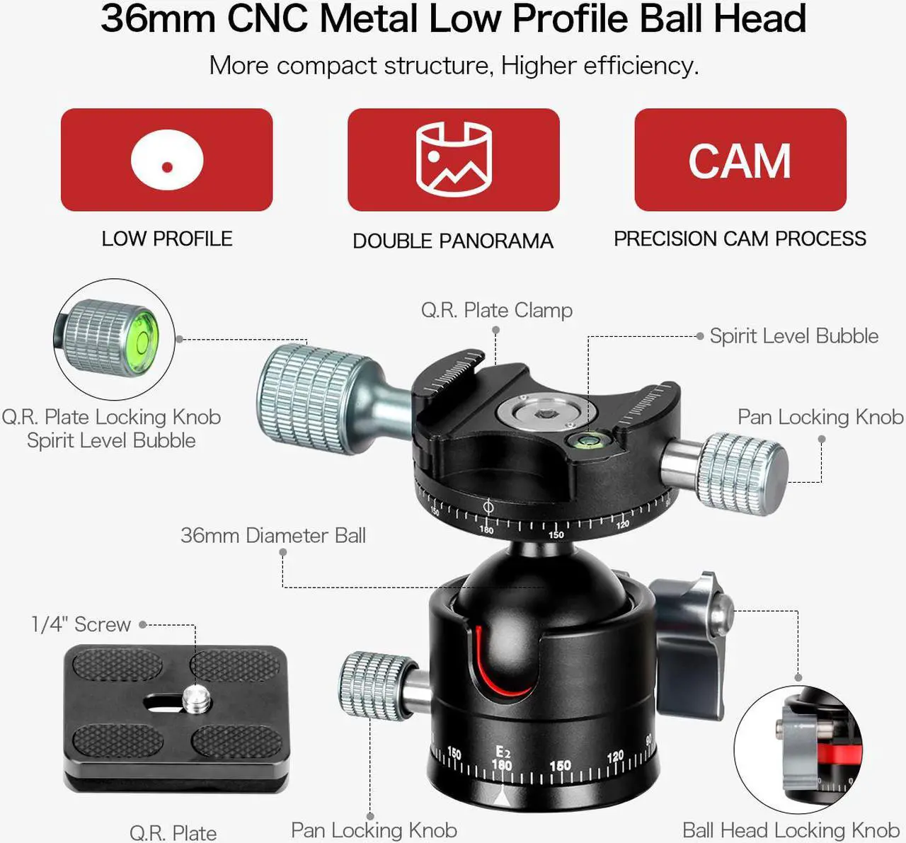 Alt view image 2 of 7 - Koolehaoda Low Profile Ball Head, 360 Degrees Double Panoramic Head F36mm Metal ball diameter and 1/4" Screw Arca-Type QR Plate for DSLR,Tripod. Max Load 33lbs/15kg