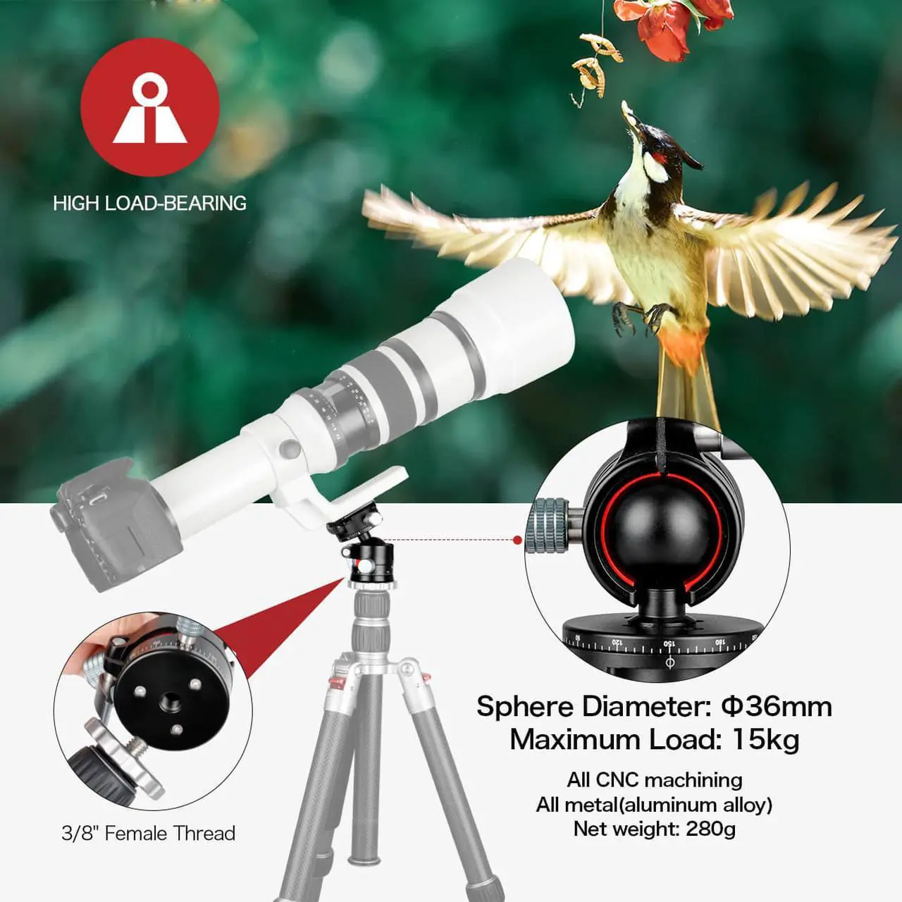 Alt view image 4 of 7 - Koolehaoda Low Profile Ball Head, 360 Degrees Double Panoramic Head F36mm Metal ball diameter and 1/4" Screw Arca-Type QR Plate for DSLR,Tripod. Max Load 33lbs/15kg